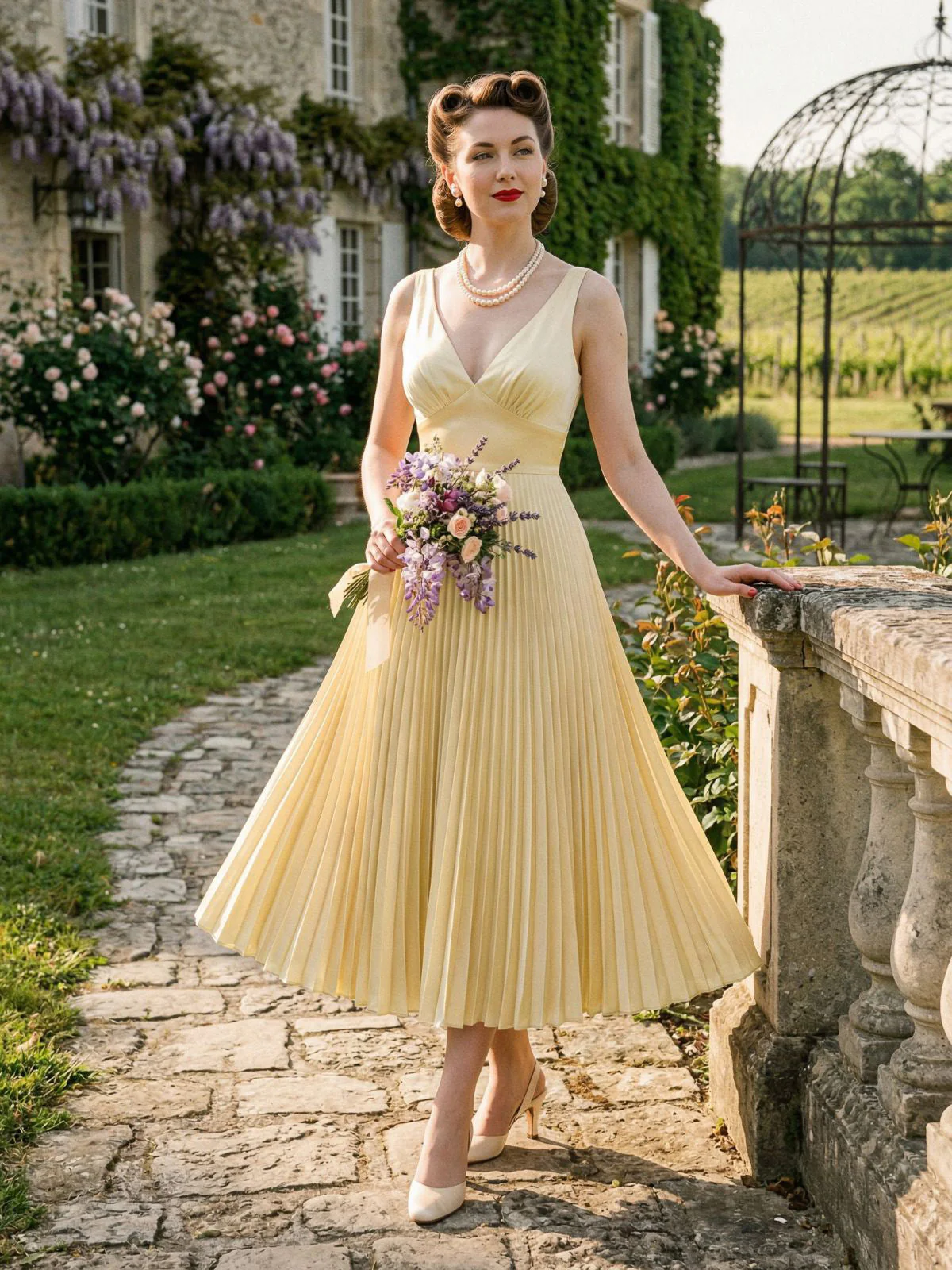 Champagner 1950er Satin Rückenfrei Plissiertes Kleid - Image 2