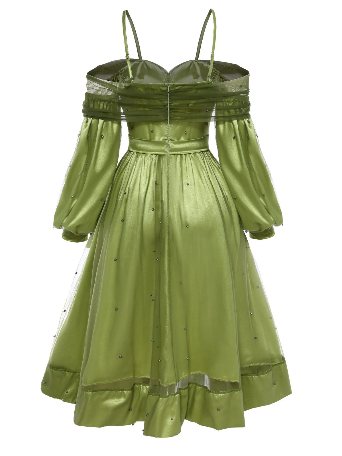 Chartreuse 1950er Perle Netz Patchwork Satin Kleid - Image 2