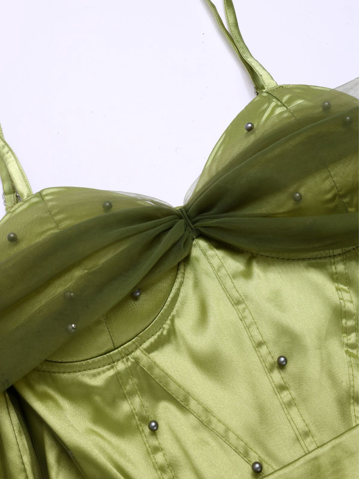 Chartreuse 1950er Perle Netz Patchwork Satin Kleid - Image 3