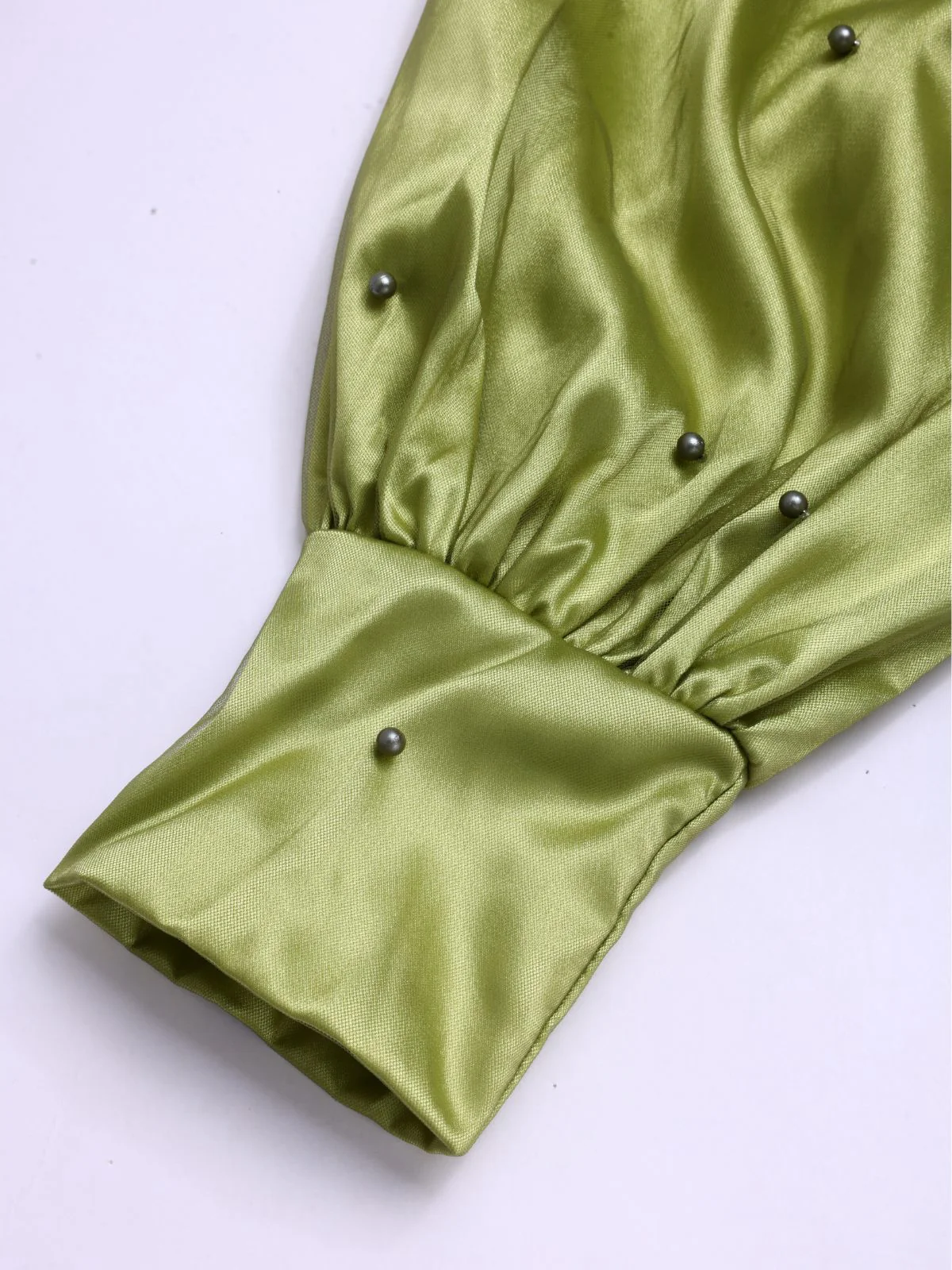 Chartreuse 1950er Perle Netz Patchwork Satin Kleid - Image 4