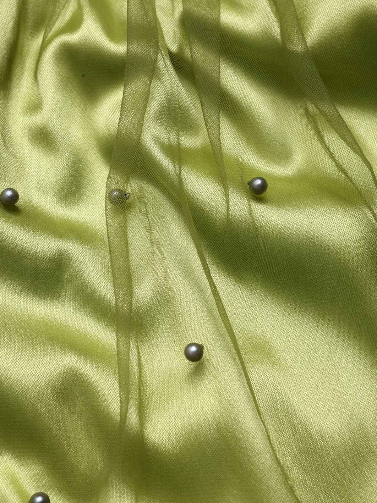 Chartreuse 1950er Perle Netz Patchwork Satin Kleid - Image 6