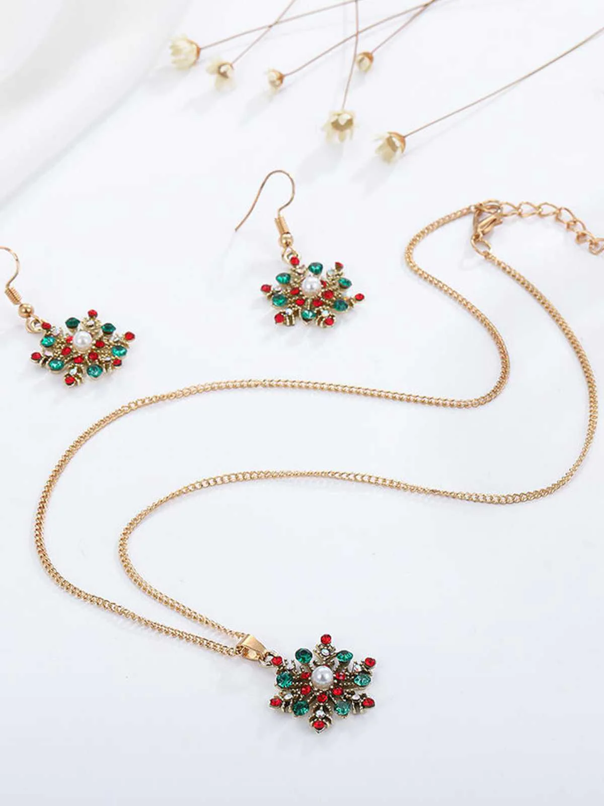 Weihnachten Legierung Diamant Schneeflocke Halskette Ohrring Set - Image 2
