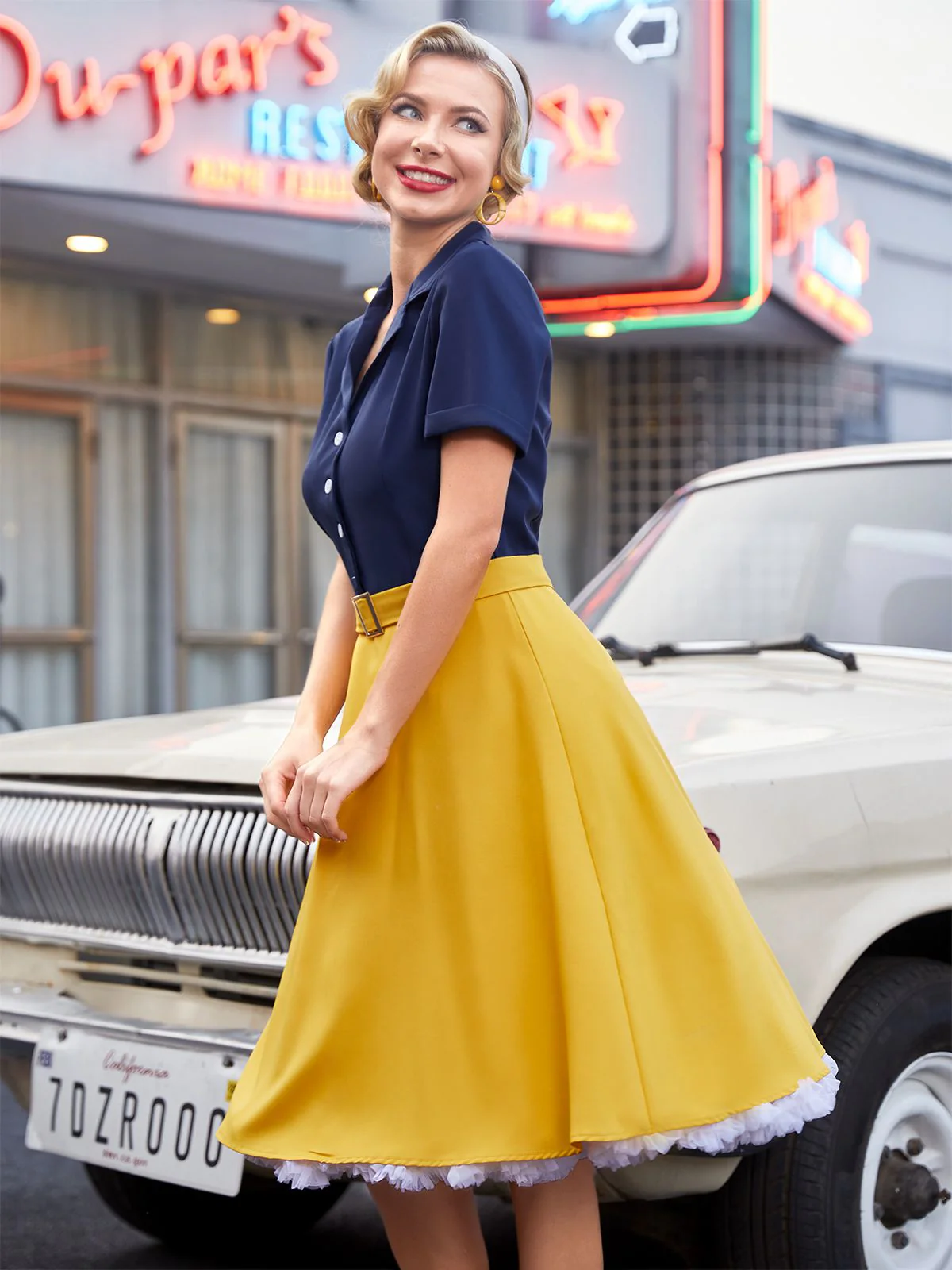 1950ER PATCHWORK V-AUSSCHNITT KURZARM SWING KLEID - Image 4