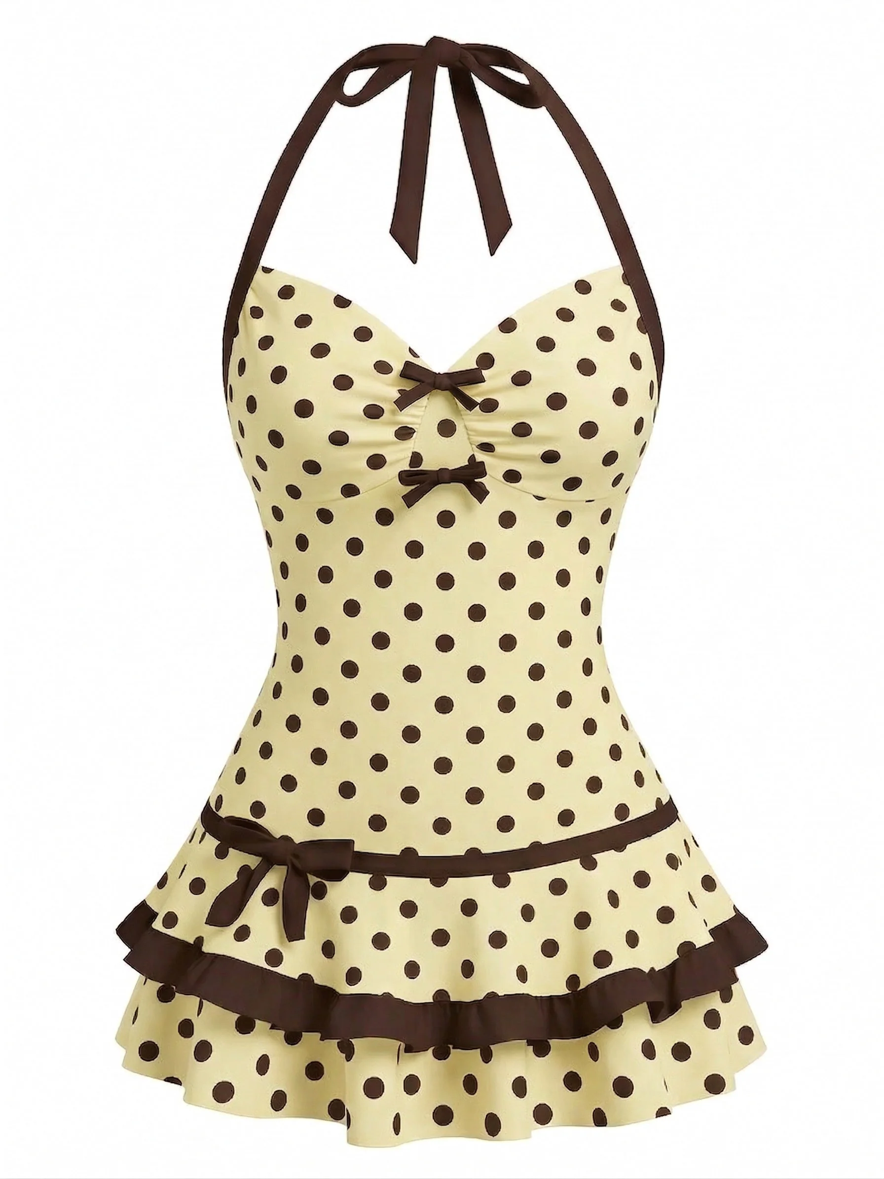 Rot 1940er Polka Dot Halter Bogen Einteilig Badeanzugkleid - Image 5