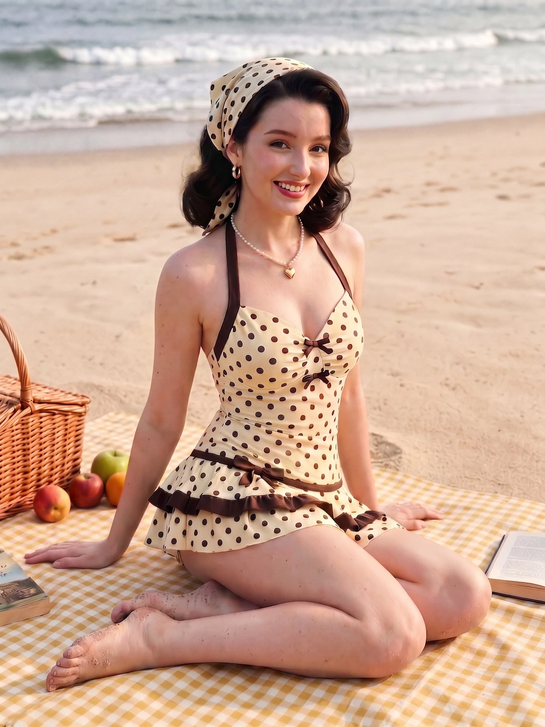 Rot 1940er Polka Dot Halter Bogen Einteilig Badeanzugkleid - Image 6