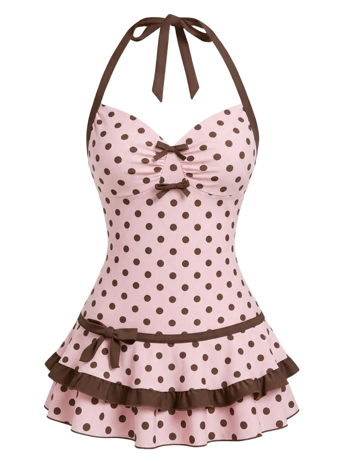 Rot 1940er Polka Dot Halter Bogen Einteilig Badeanzugkleid - Image 4