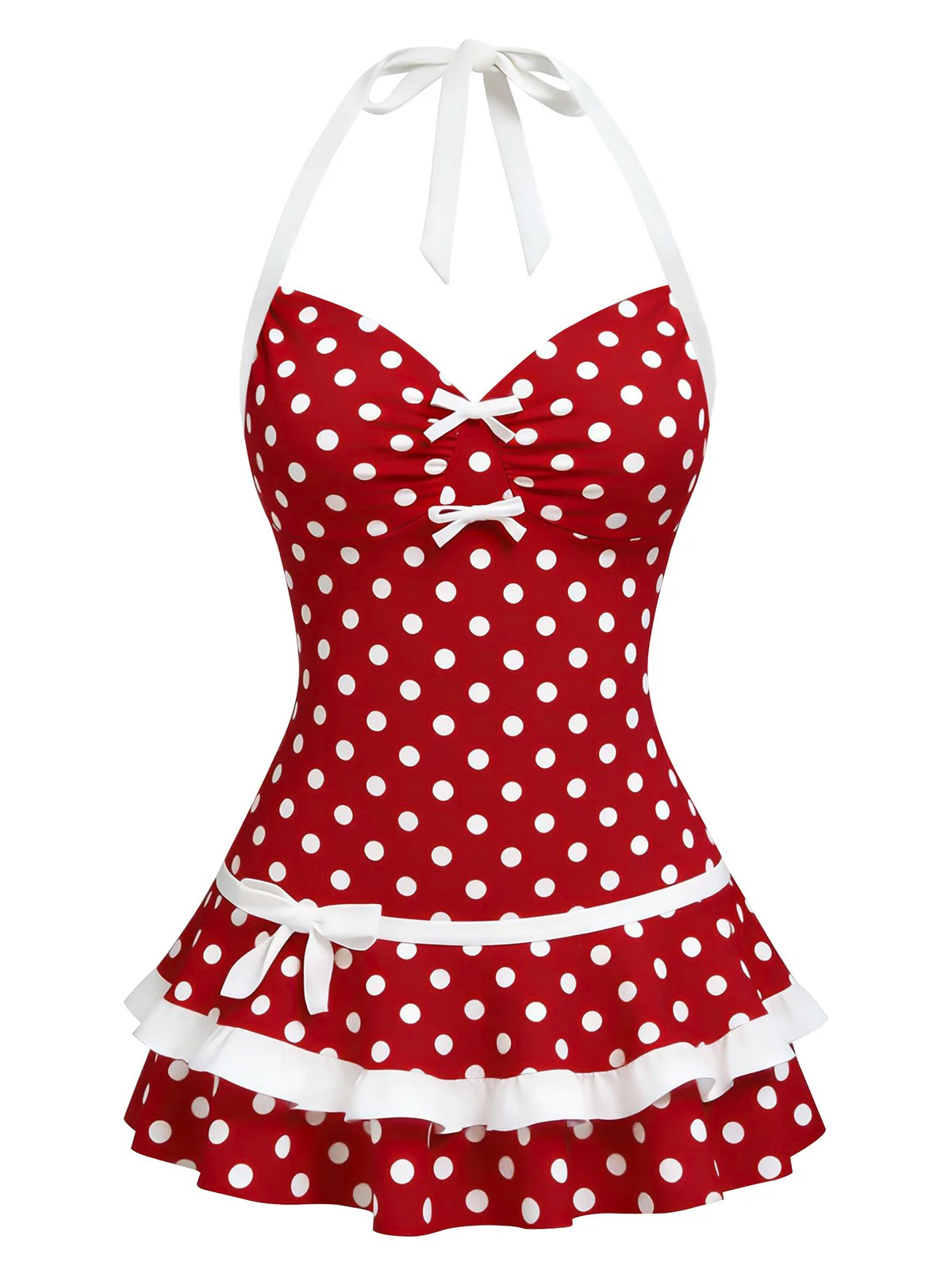 Rot 1940er Polka Dot Halter Bogen Einteilig Badeanzugkleid - Image 2