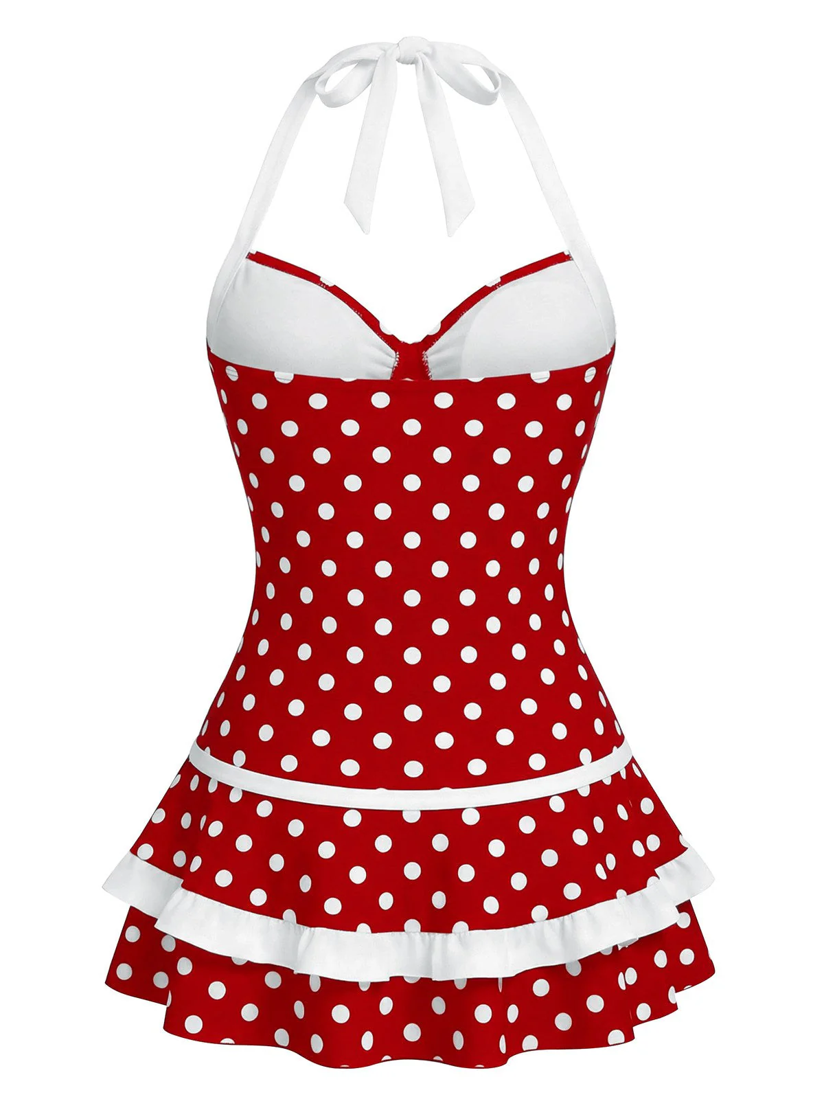 Rot 1940er Polka Dot Halter Bogen Einteilig Badeanzugkleid - Image 3