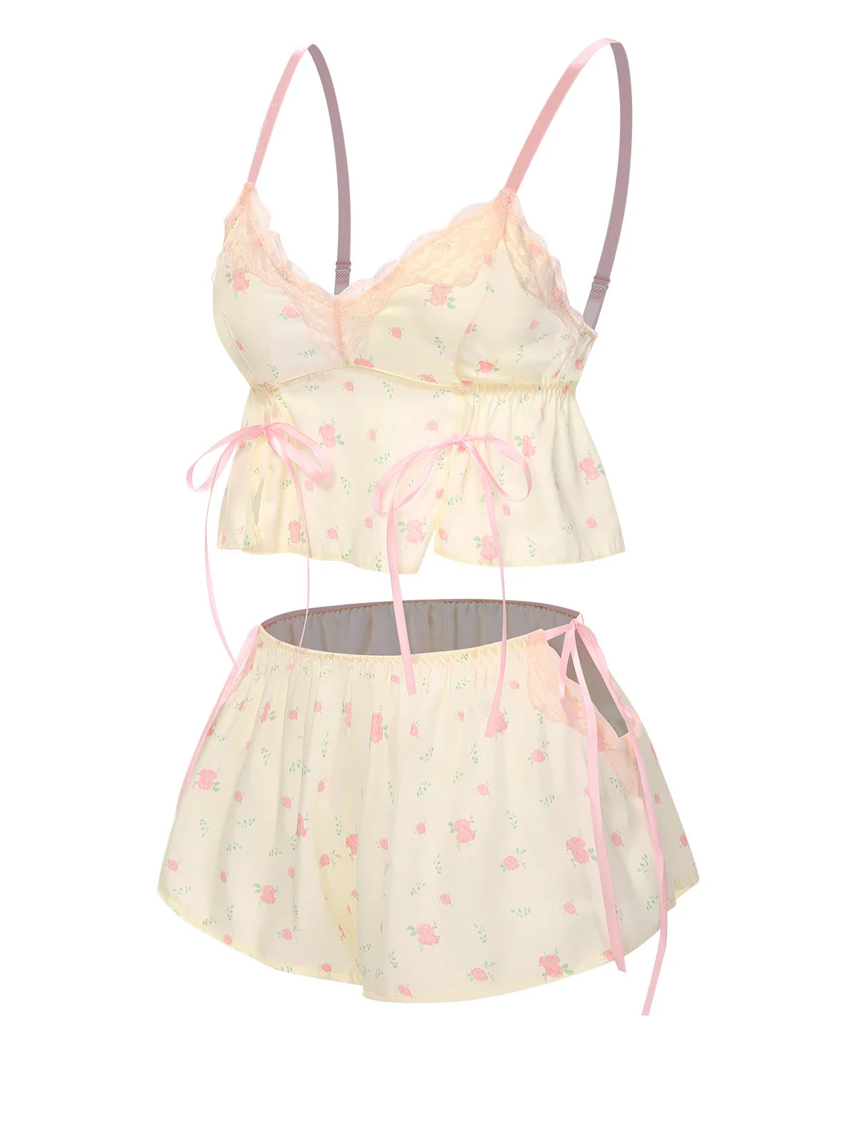 Cremeweiß 1950er Blumen Spitze Träger Pyjama-Set - Image 2