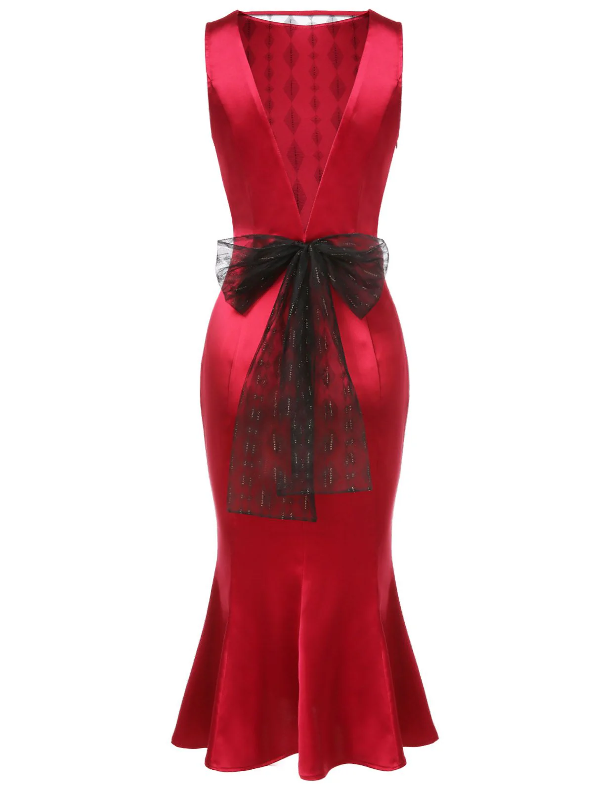 Tiefrot 1930er Solide Bogen Dekor Fischschwanz Kleid - Image 4