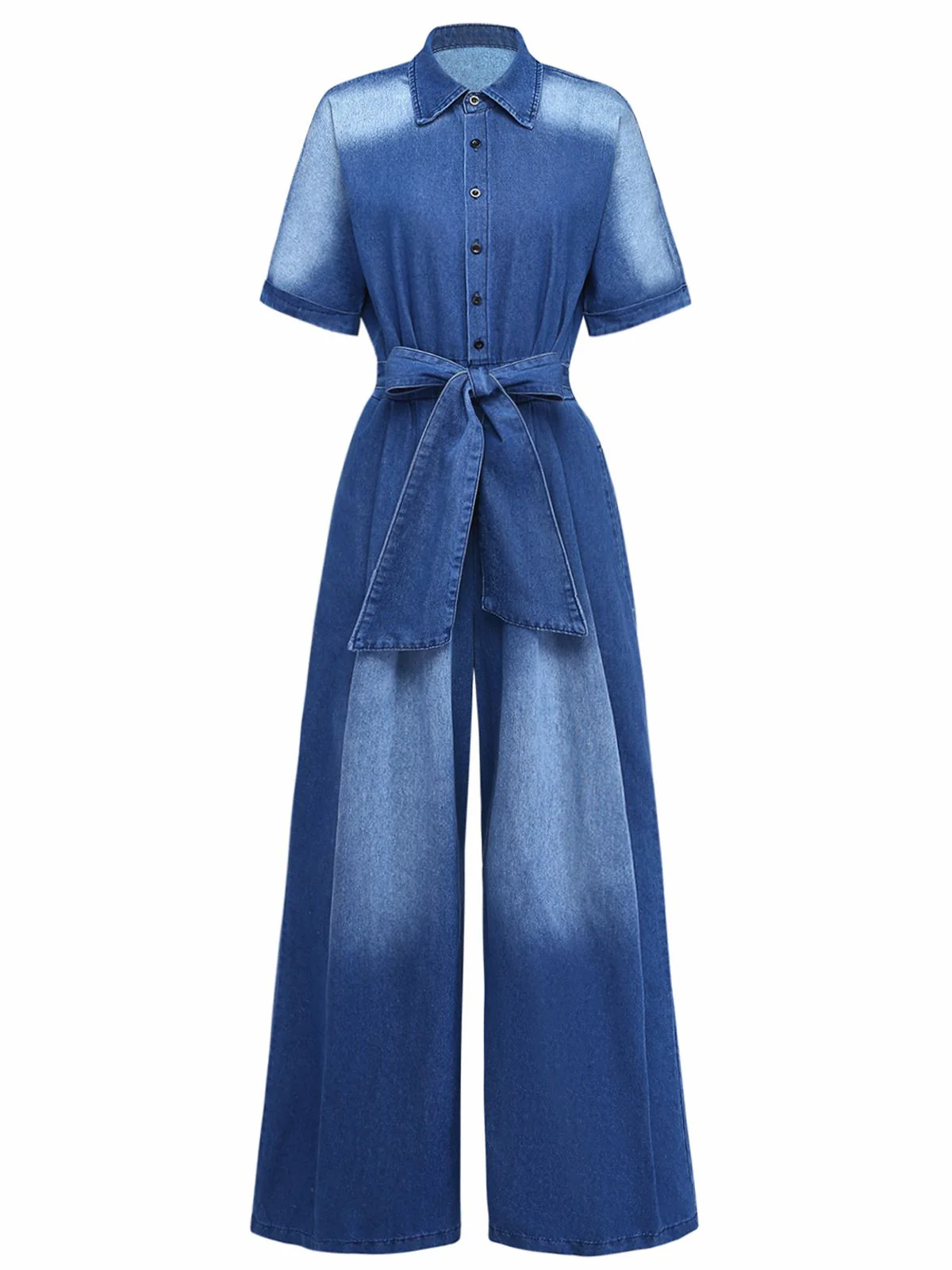 Denim 1970er Revers Knöpfe Gürtel Taille Jumpsuit - Image 2