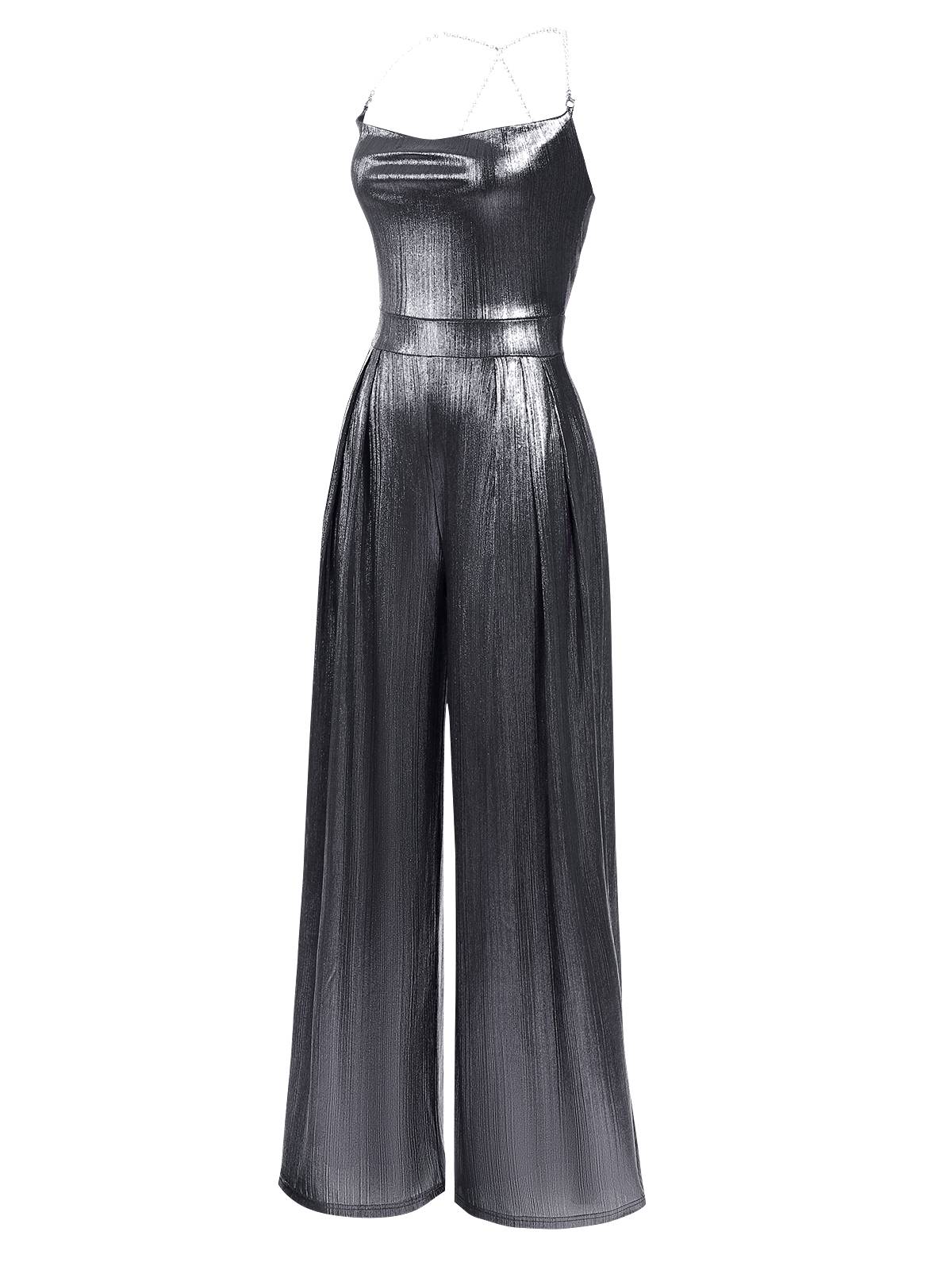 Disco outfit Metallic Gold 1980er Wasserfallkragen Spaghetti Träger Jumpsuit - Image 8