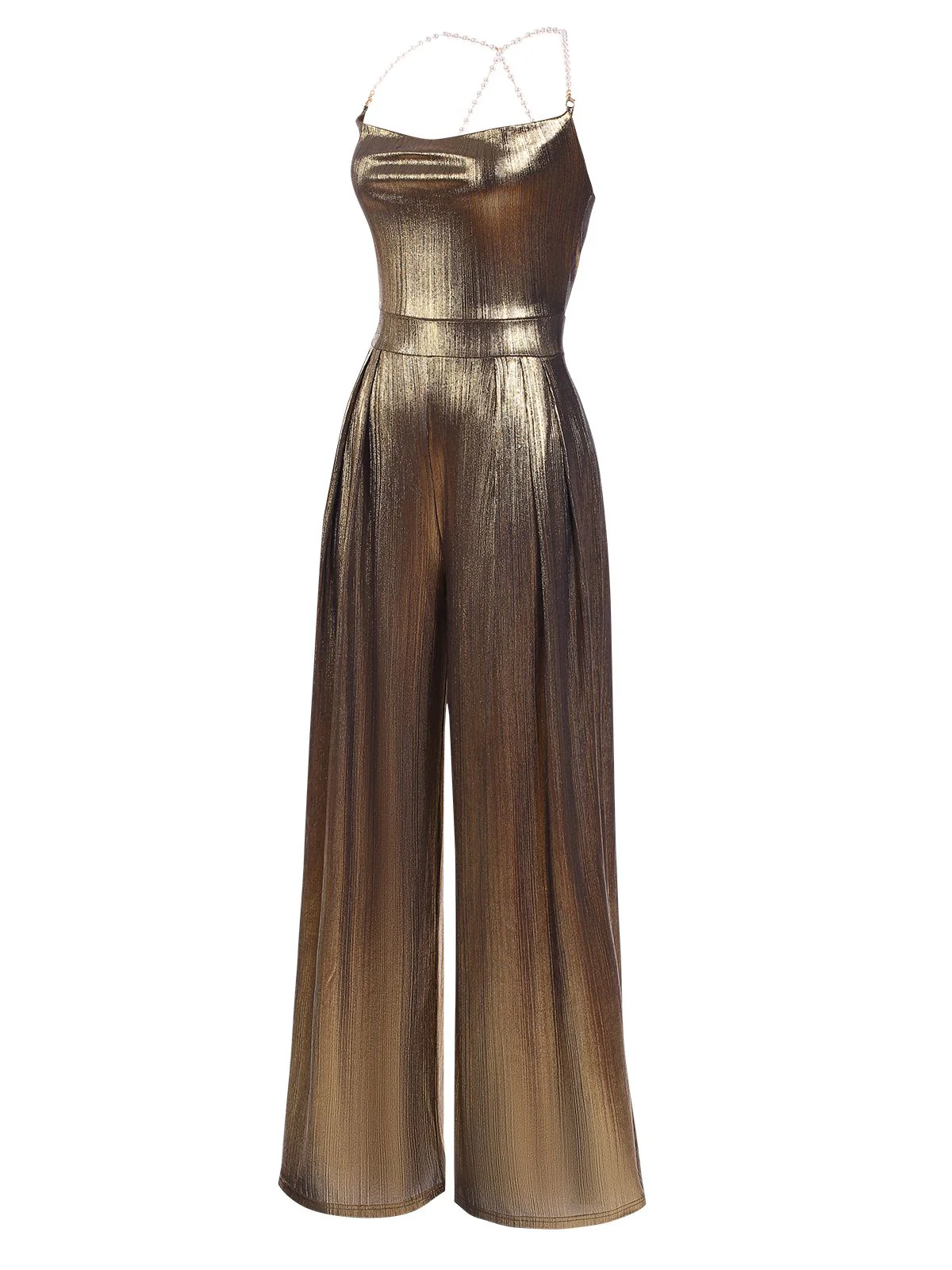 Disco outfit Metallic Gold 1980er Wasserfallkragen Spaghetti Träger Jumpsuit - Image 3