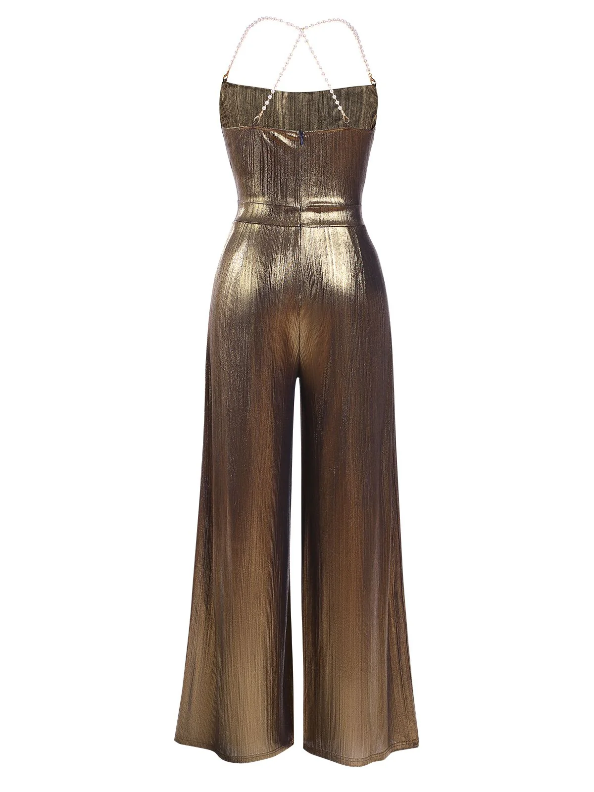 Disco outfit Metallic Gold 1980er Wasserfallkragen Spaghetti Träger Jumpsuit - Image 4