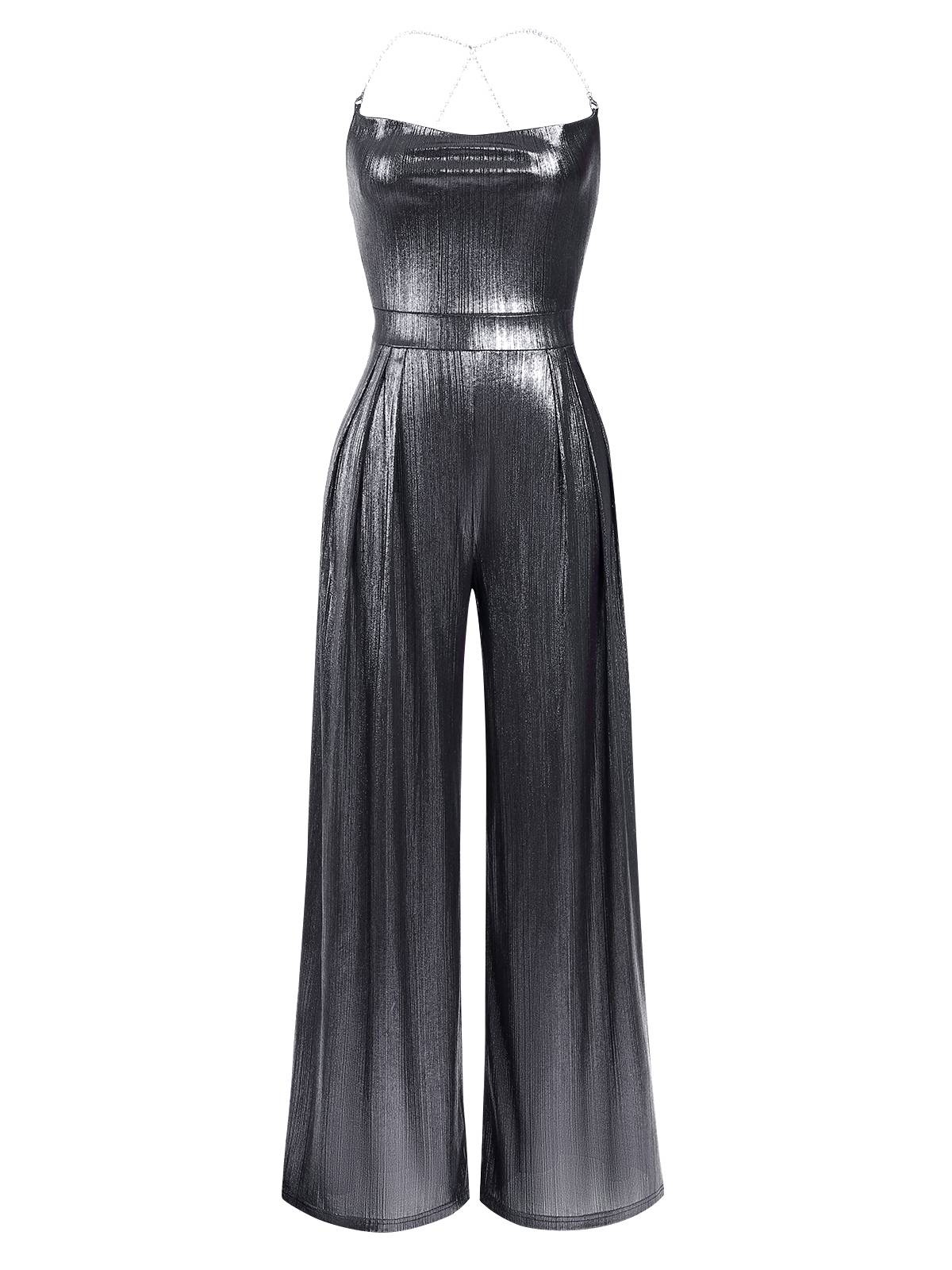 Disco outfit Metallic Gold 1980er Wasserfallkragen Spaghetti Träger Jumpsuit - Image 6