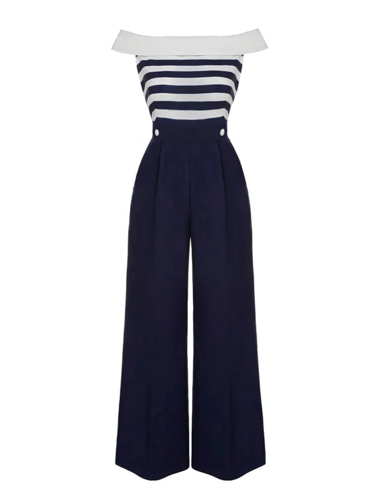 Dunkelblau 1930er Gestreifter Schulterfreier Jumpsuit