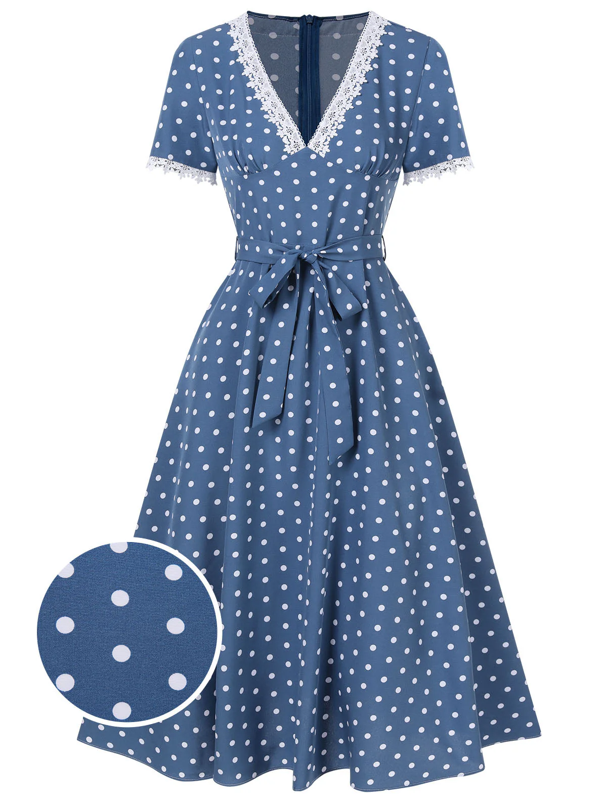 Dunkelblau 1930er V-Ausschnitt Polka Dots Kleid mit Gürtel - Image 9