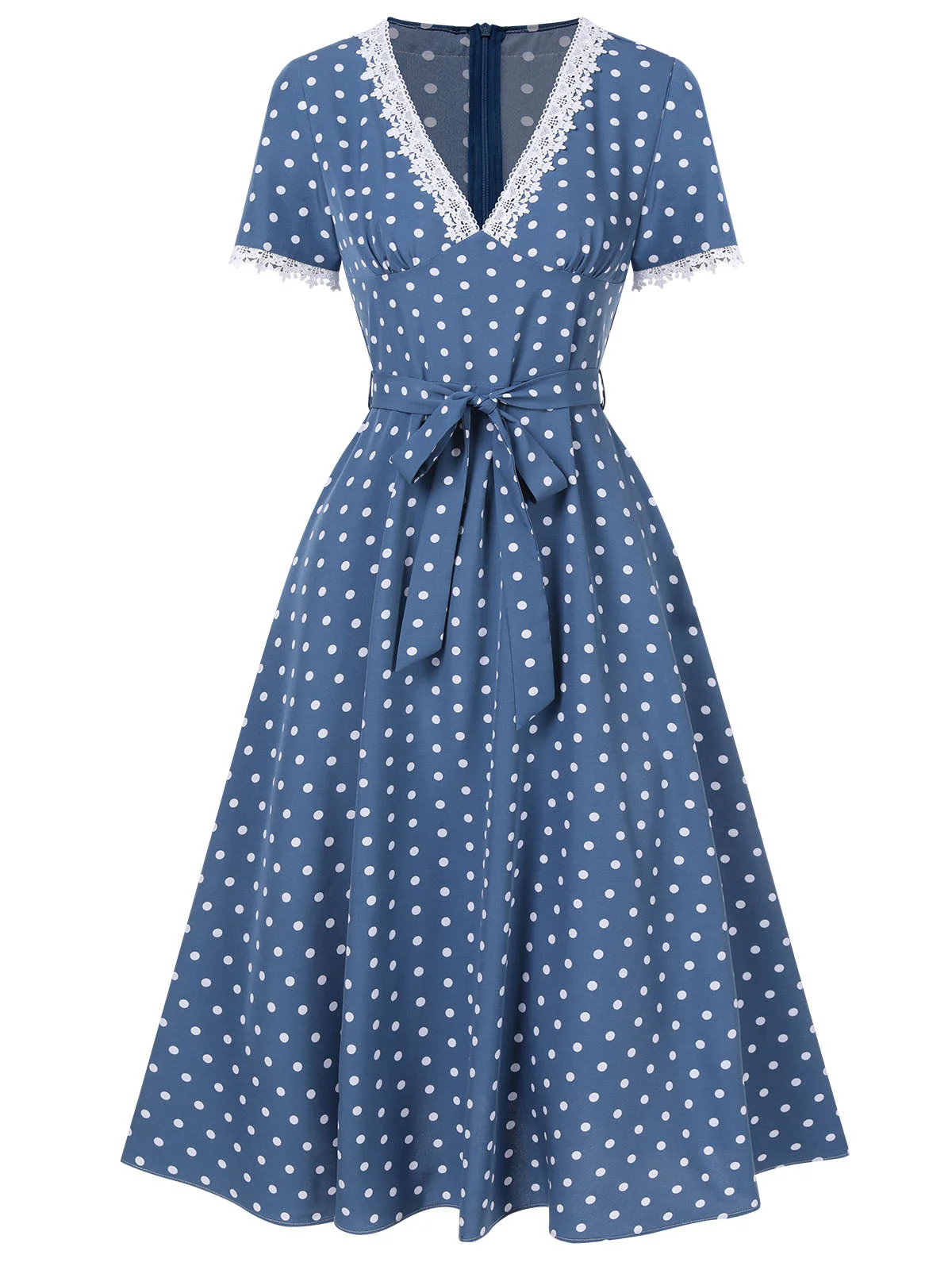 Dunkelblau 1930er V-Ausschnitt Polka Dots Kleid mit Gürtel - Image 10