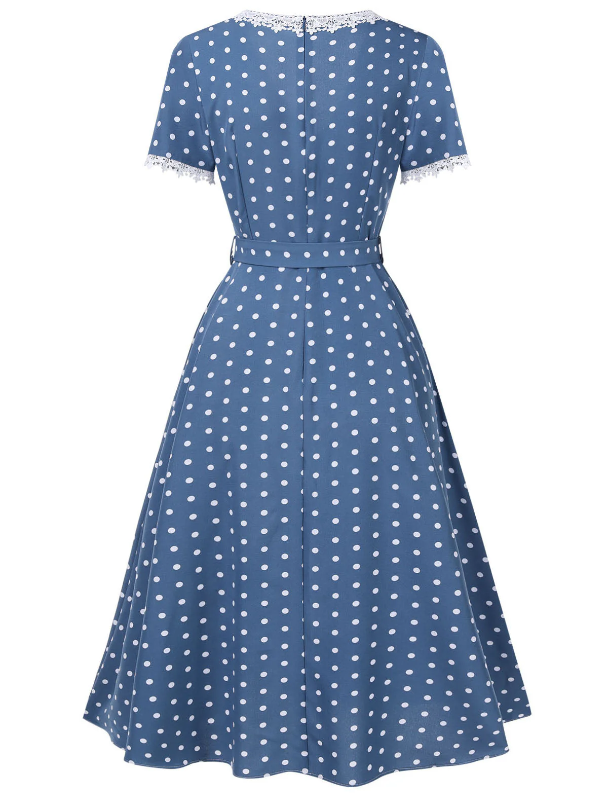 Dunkelblau 1930er V-Ausschnitt Polka Dots Kleid mit Gürtel - Image 11