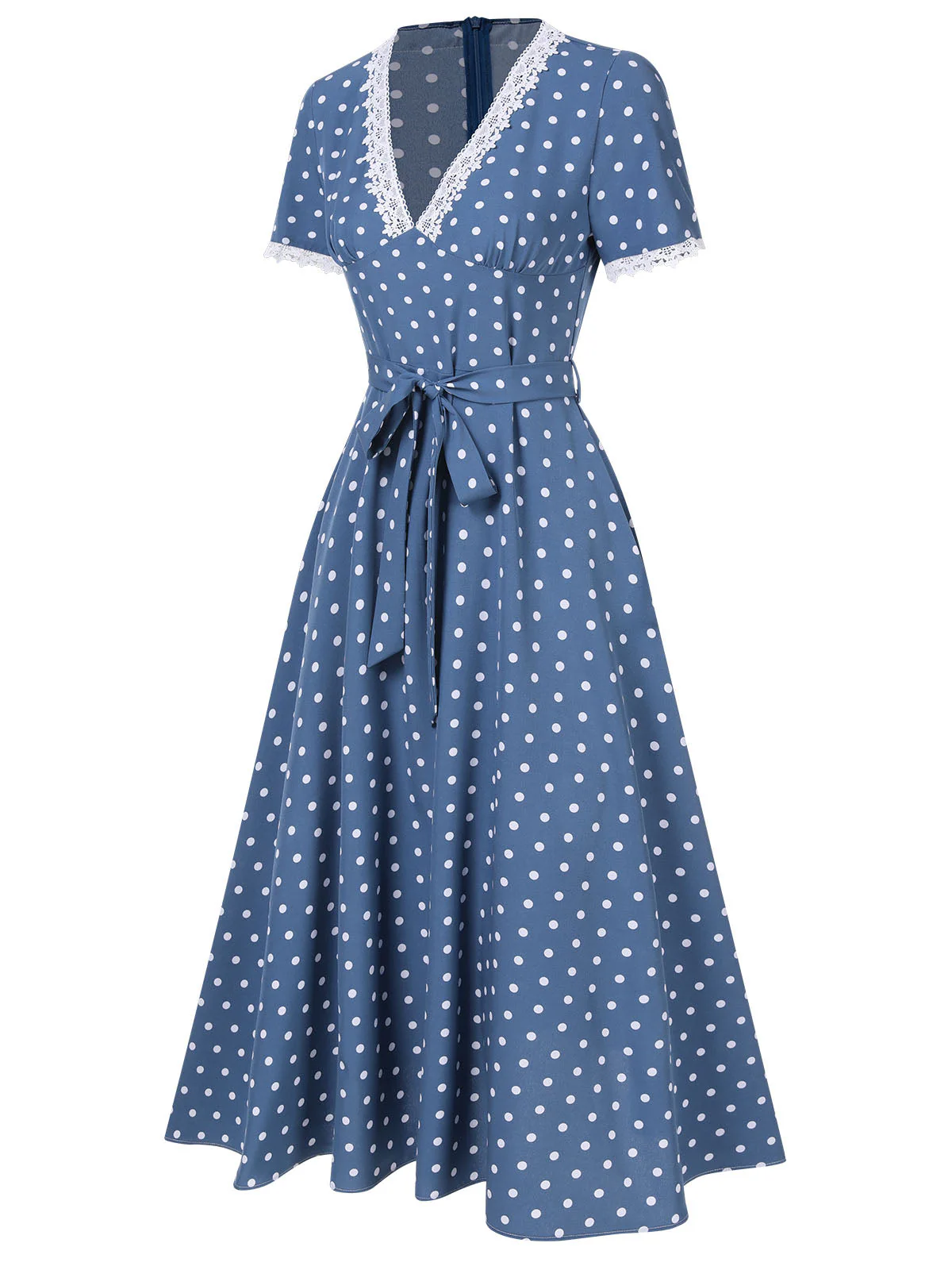 Dunkelblau 1930er V-Ausschnitt Polka Dots Kleid mit Gürtel - Image 12
