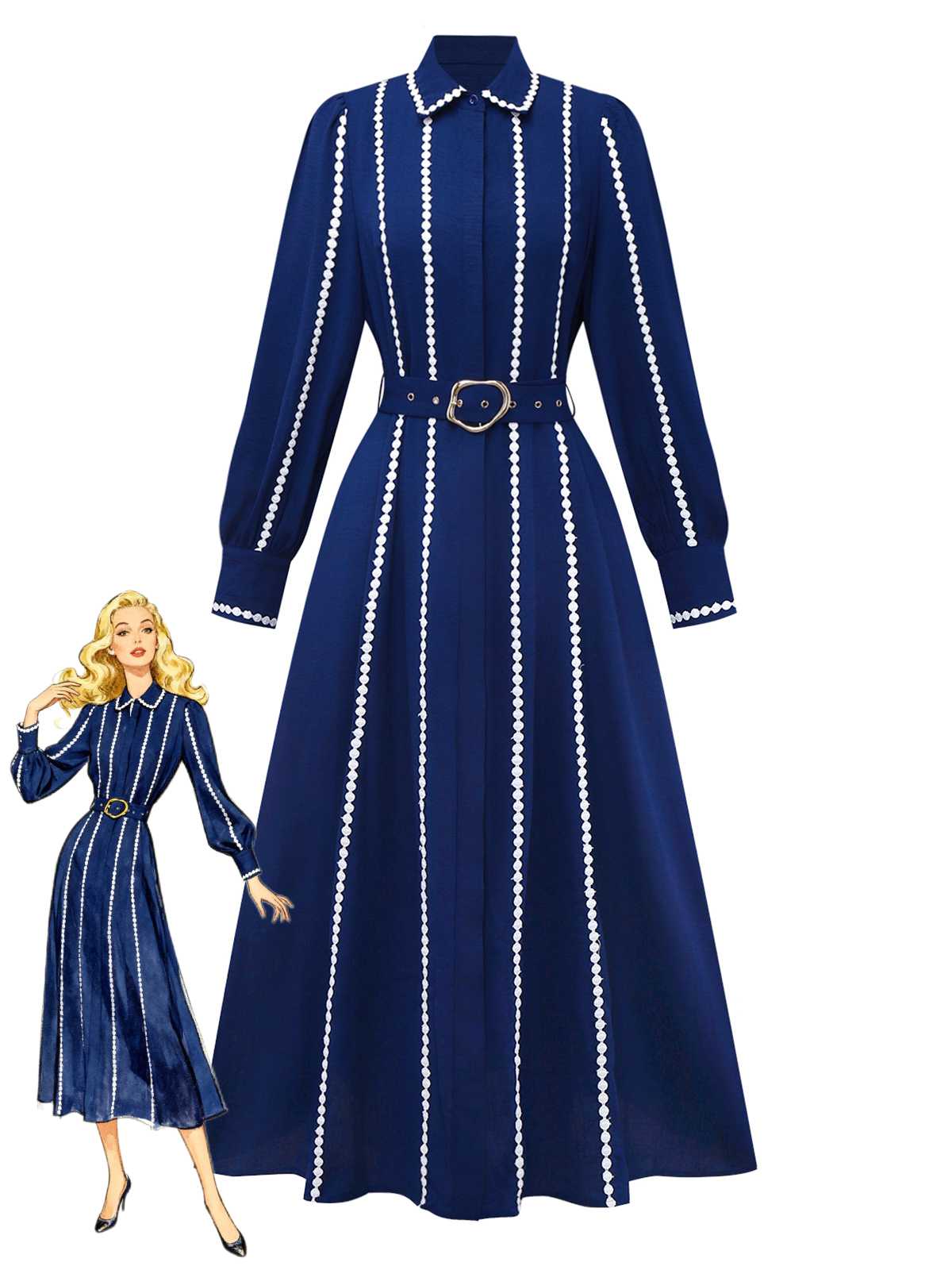 Dunkelblau 1940er Kontrastbesatz Gürtel Hemd Kleid