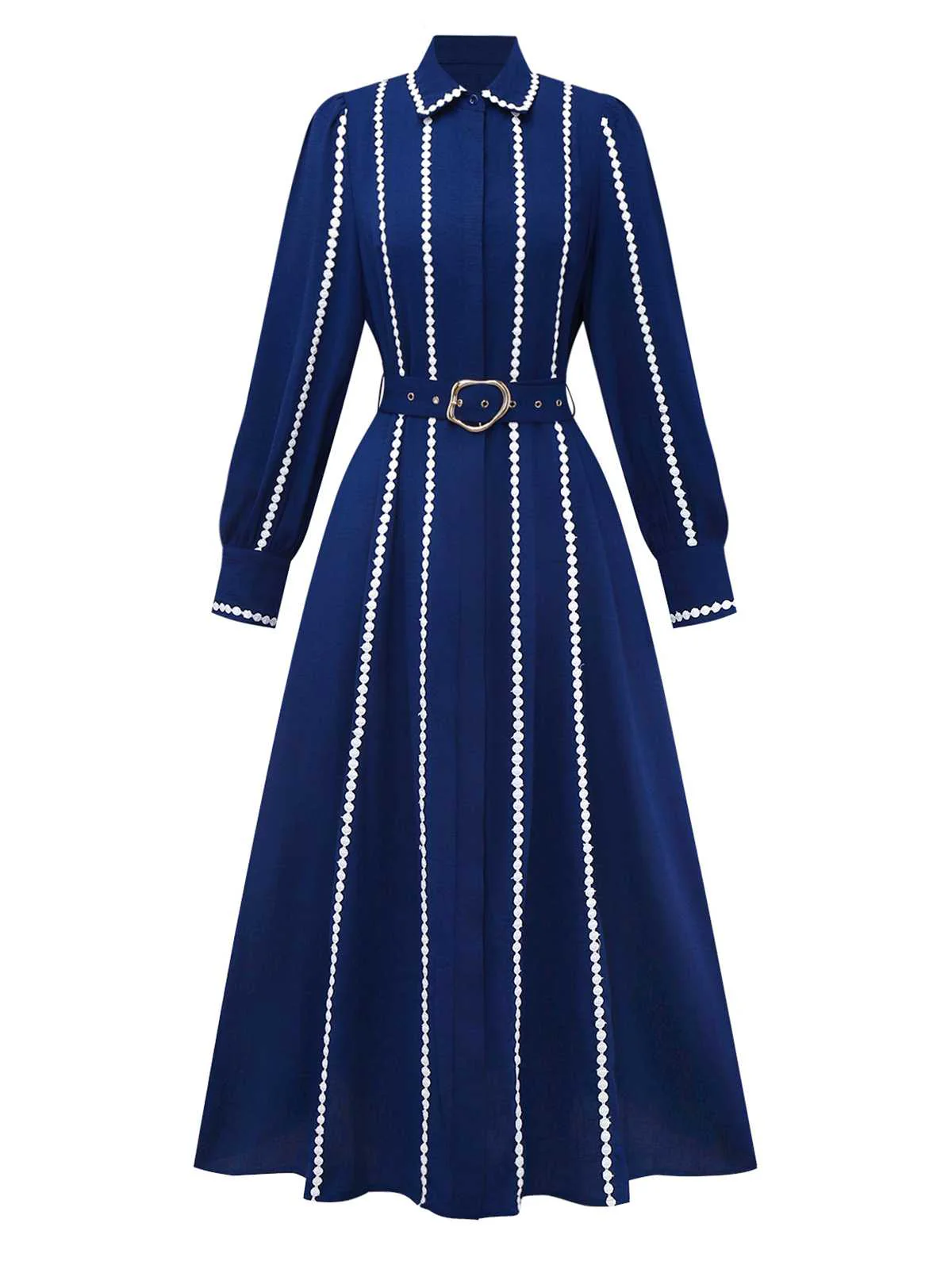 Dunkelblau 1940er Kontrastbesatz Gürtel Hemd Kleid - Image 2