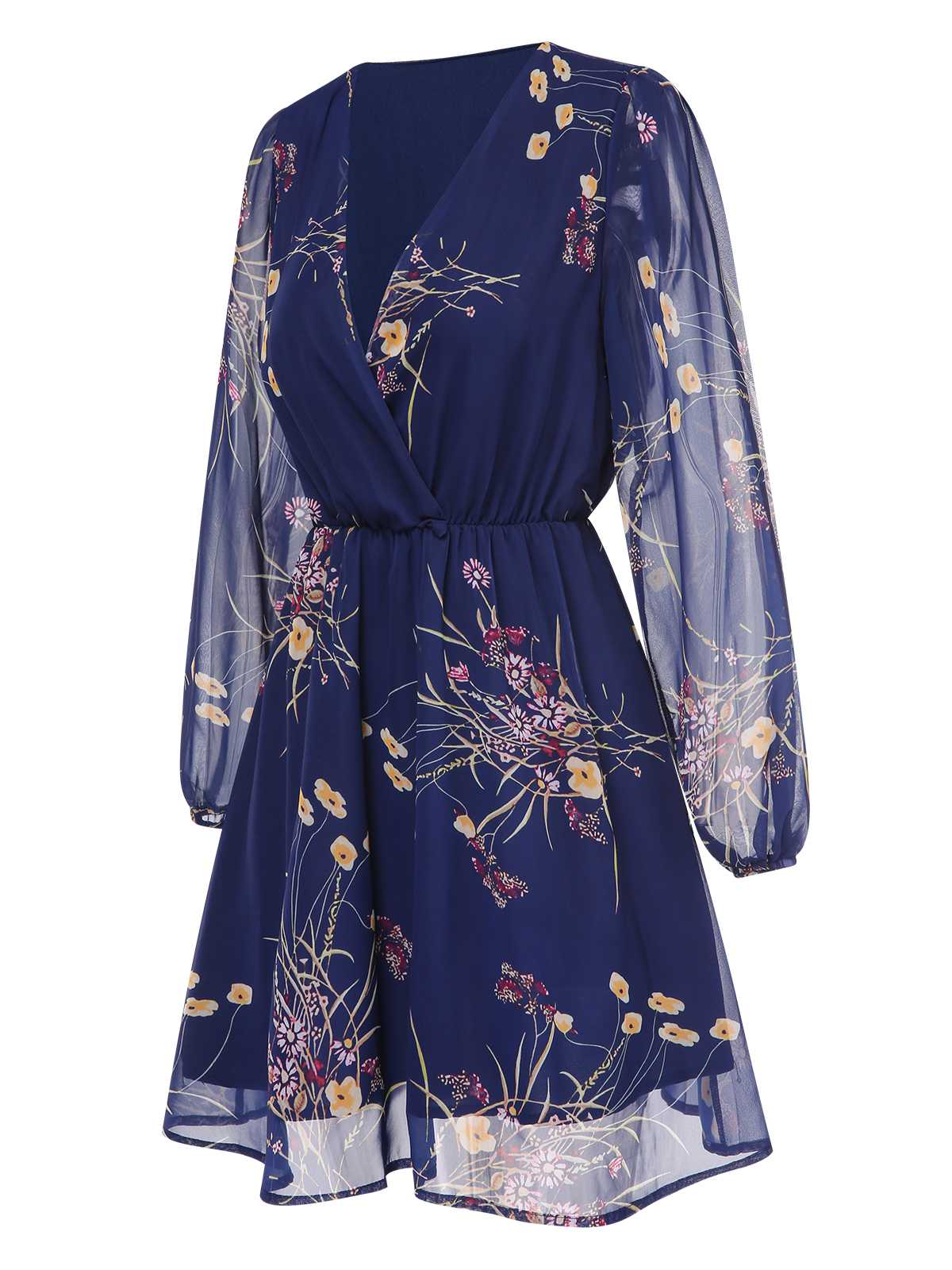 Dunkelblau 1940er V-Ausschnitt Blumen Puffärmel Kleid - Image 2