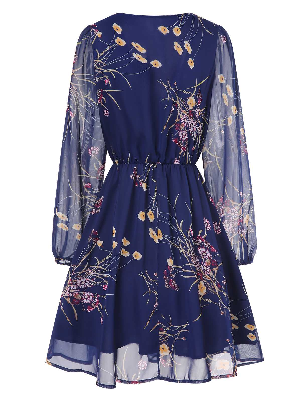 Dunkelblau 1940er V-Ausschnitt Blumen Puffärmel Kleid - Image 3