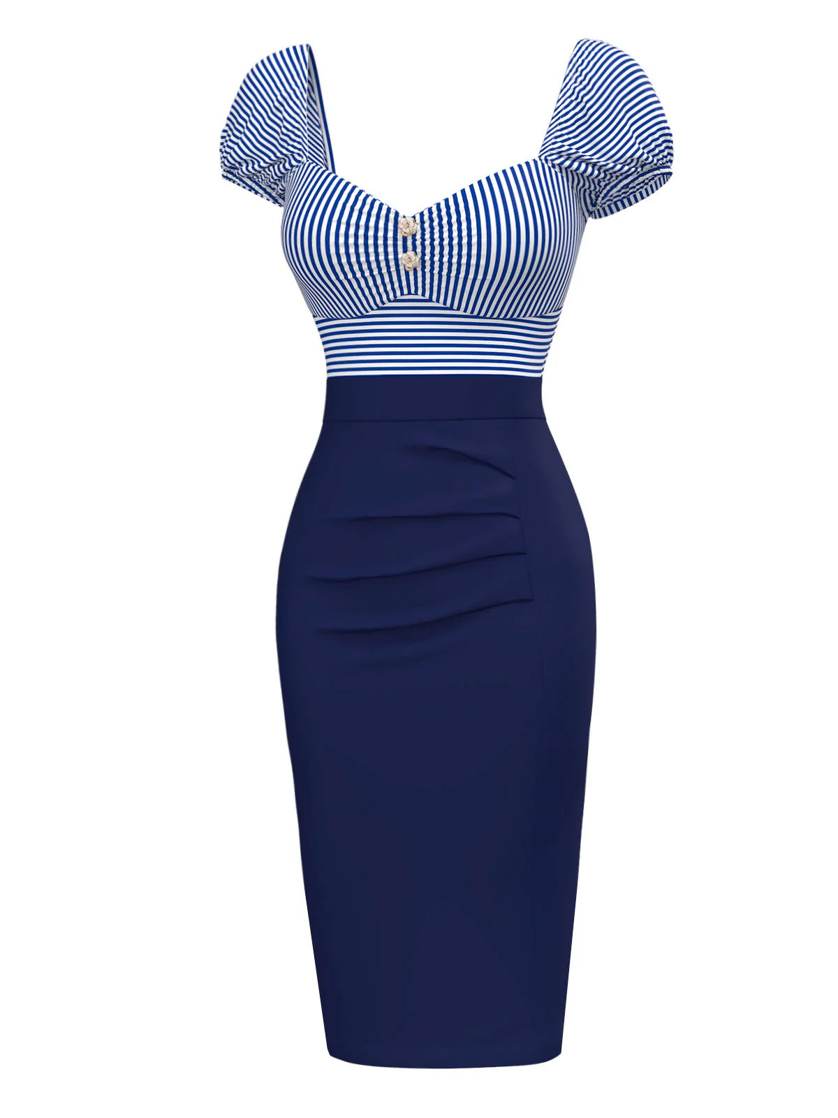 Dunkelblau 1960er Streifen Puffärmel Bleistift Kleid - Image 3