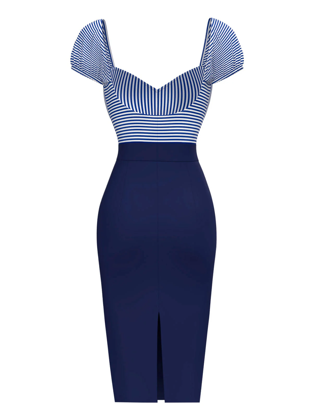 Dunkelblau 1960er Streifen Puffärmel Bleistift Kleid - Image 4