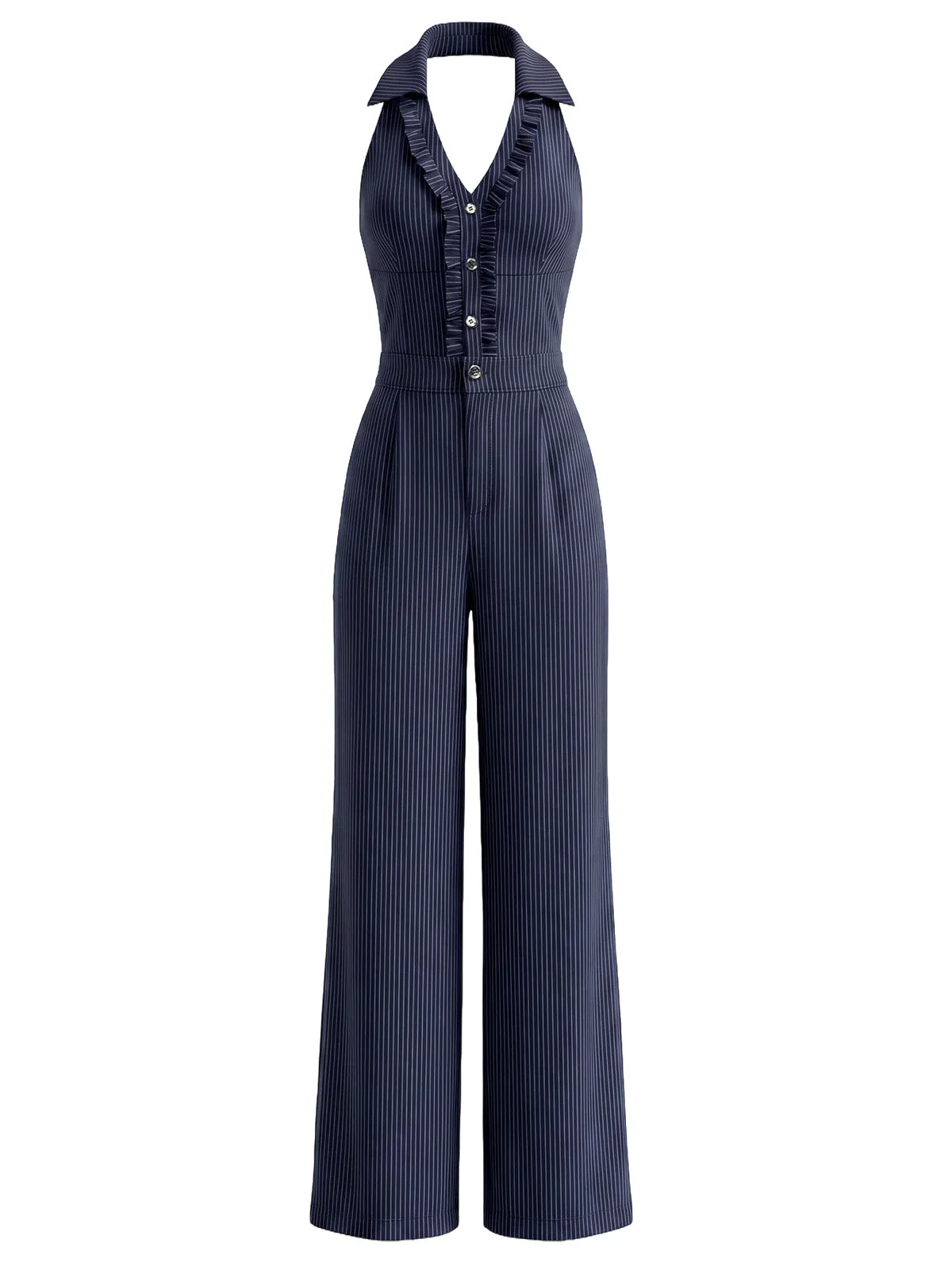 [Vorverkauf] Dunkelblauer 40er Gestreifter Jumpsuit mit Neckholder und Rüschen - Image 2