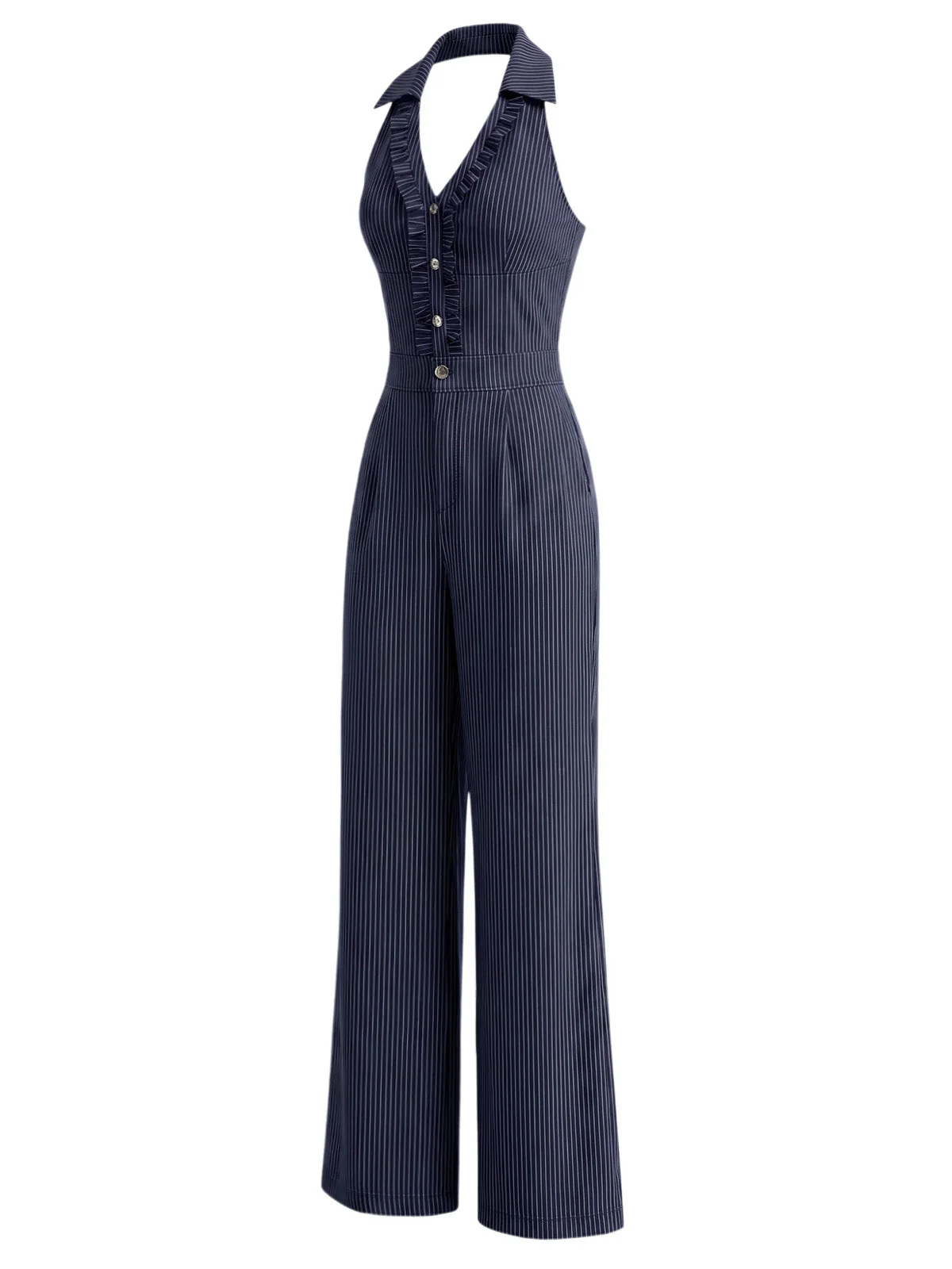 [Vorverkauf] Dunkelblauer 40er Gestreifter Jumpsuit mit Neckholder und Rüschen - Image 3