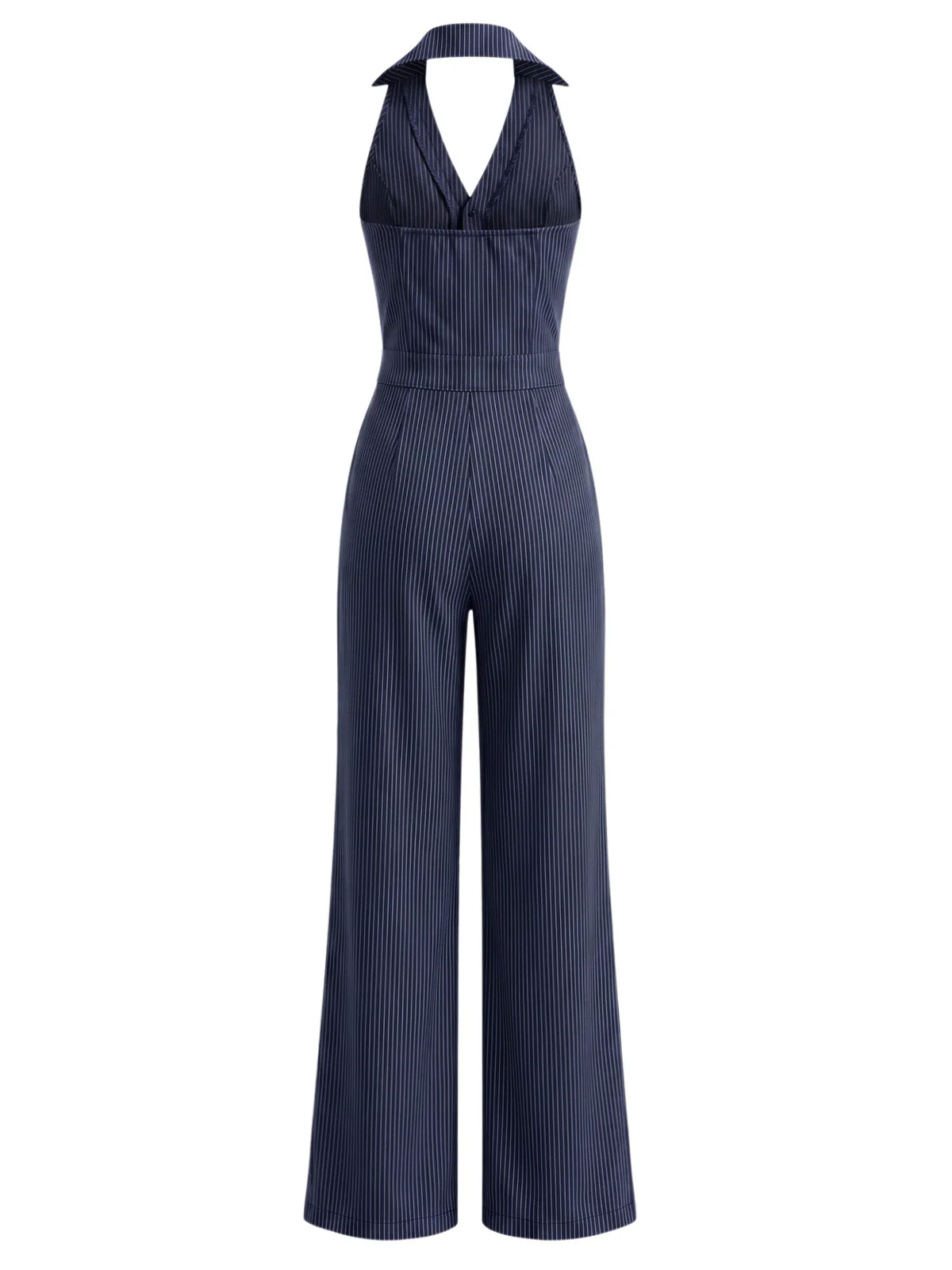 [Vorverkauf] Dunkelblauer 40er Gestreifter Jumpsuit mit Neckholder und Rüschen - Image 4