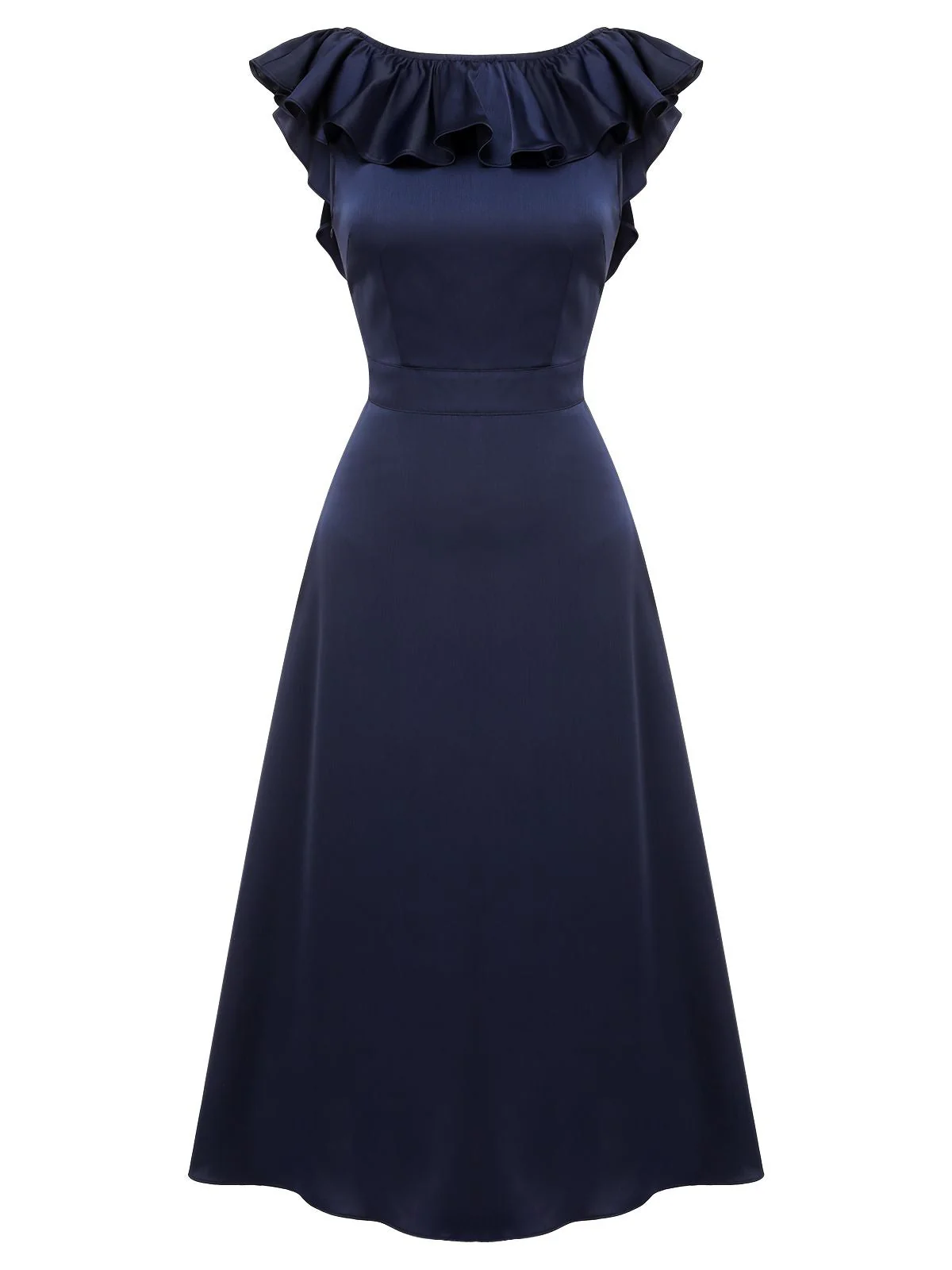 Dunkelblaues 1930er Volantärmel Trompetenkleid mit Rundhalsausschnitt - Image 2