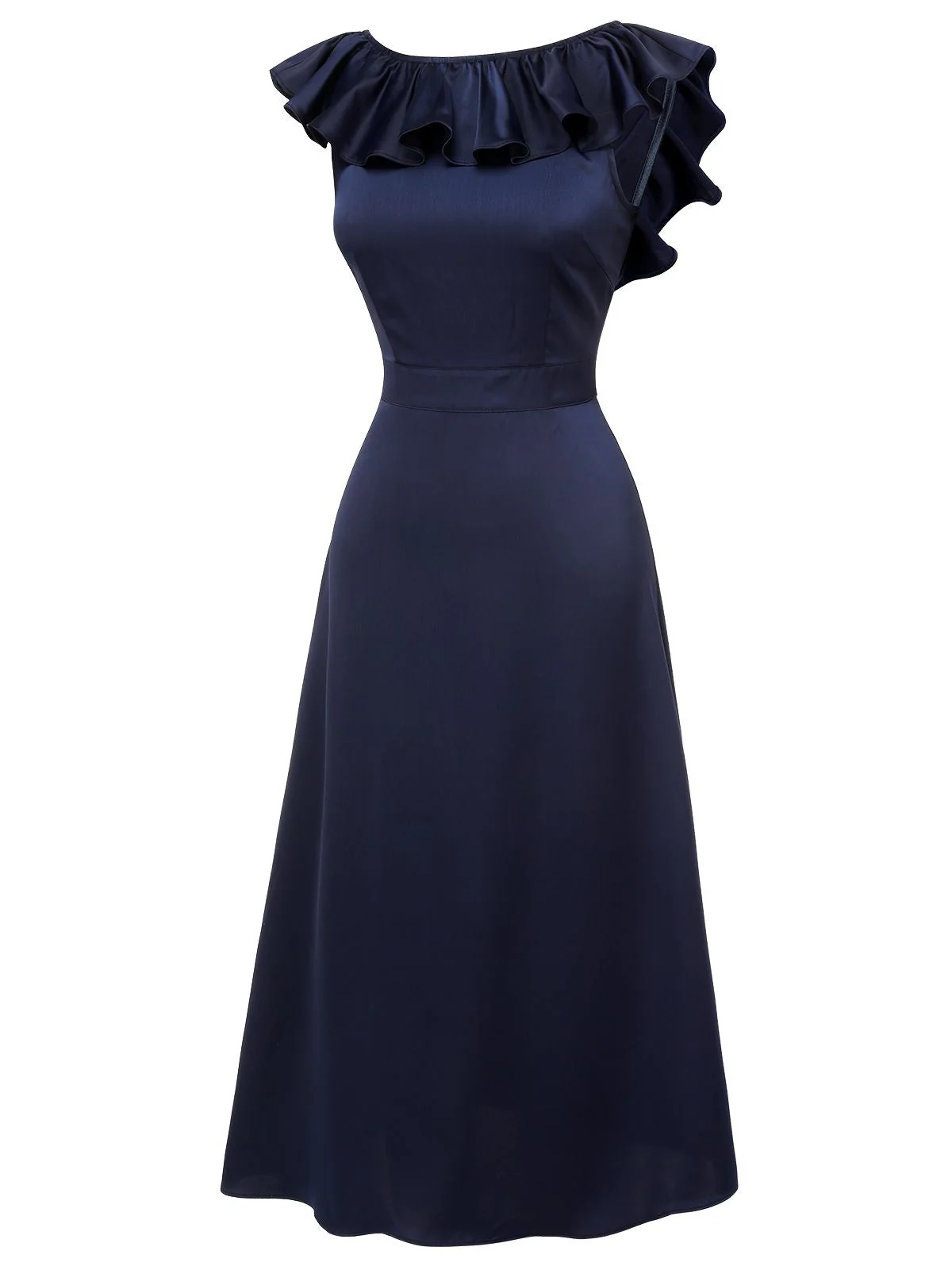 Dunkelblaues 1930er Volantärmel Trompetenkleid mit Rundhalsausschnitt - Image 3