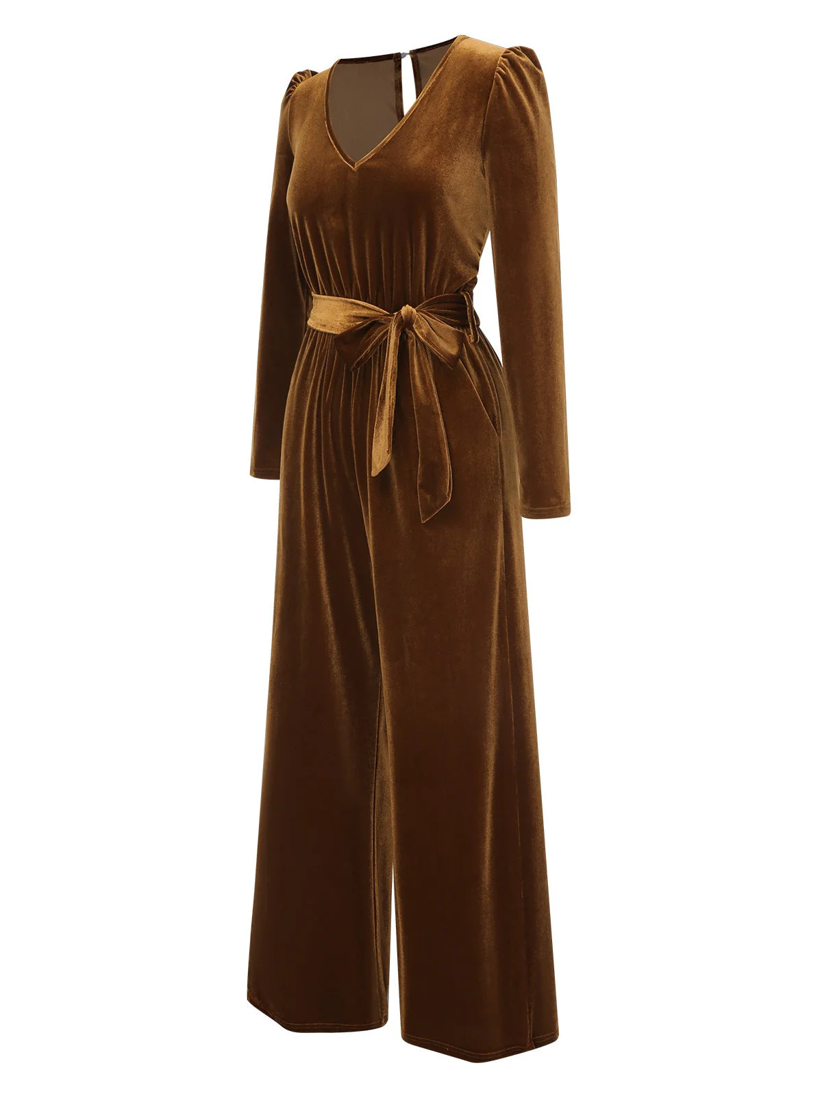 Dunkelbraun 1930er Solide V-Ausschnitt Samt Jumpsuit - Image 3