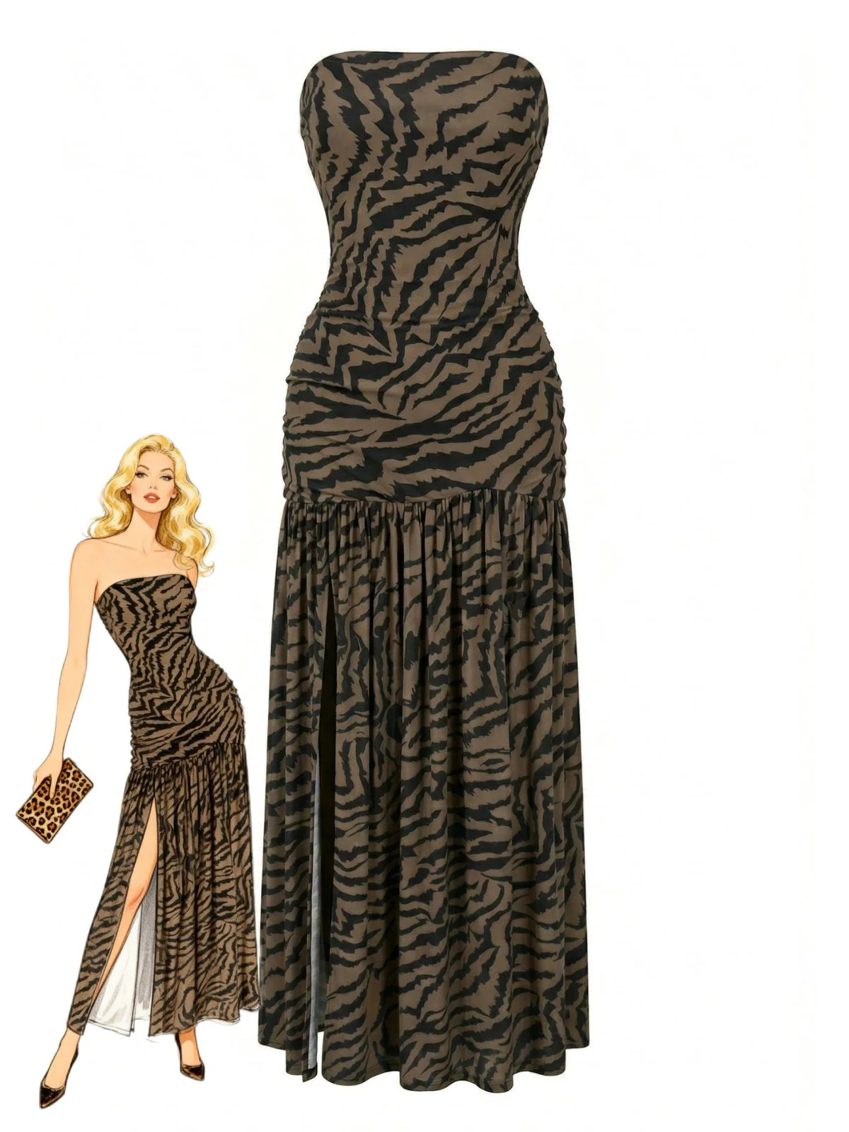 Dunkelbraun 1930er Trägerlos Zebra Muster Netz Schlitz Kleid