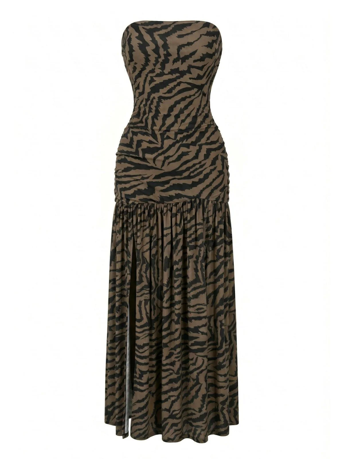 Dunkelbraun 1930er Trägerlos Zebra Muster Netz Schlitz Kleid - Image 2