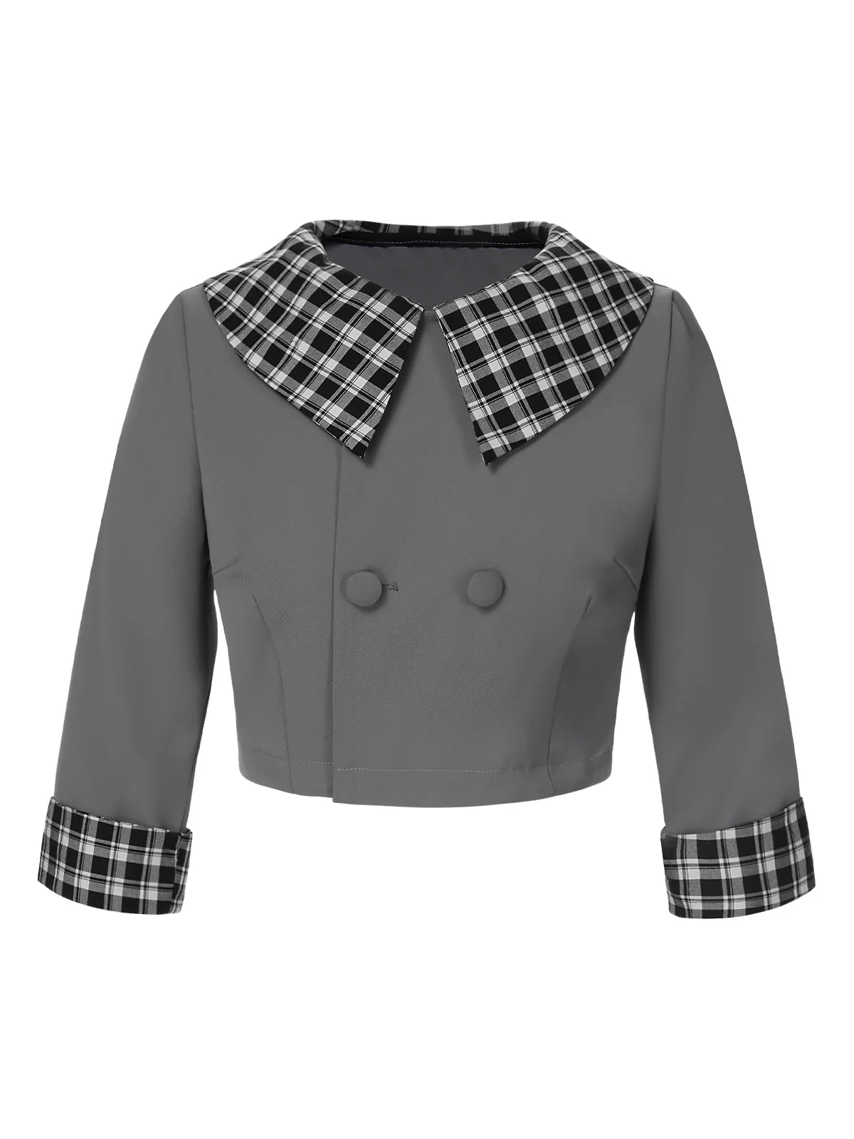 Dunkelgrau 1950er Revers Gerollte Ärmel Plaid Kurz Mantel - Image 2