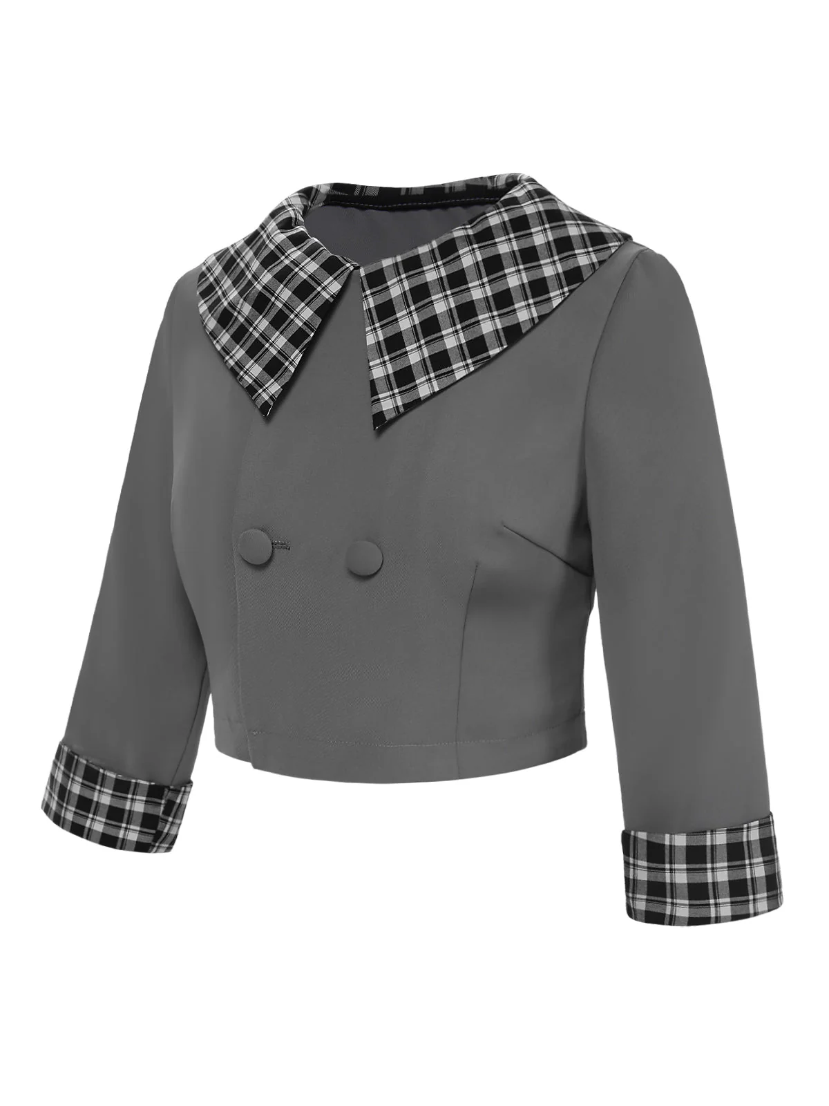 Dunkelgrau 1950er Revers Gerollte Ärmel Plaid Kurz Mantel - Image 3