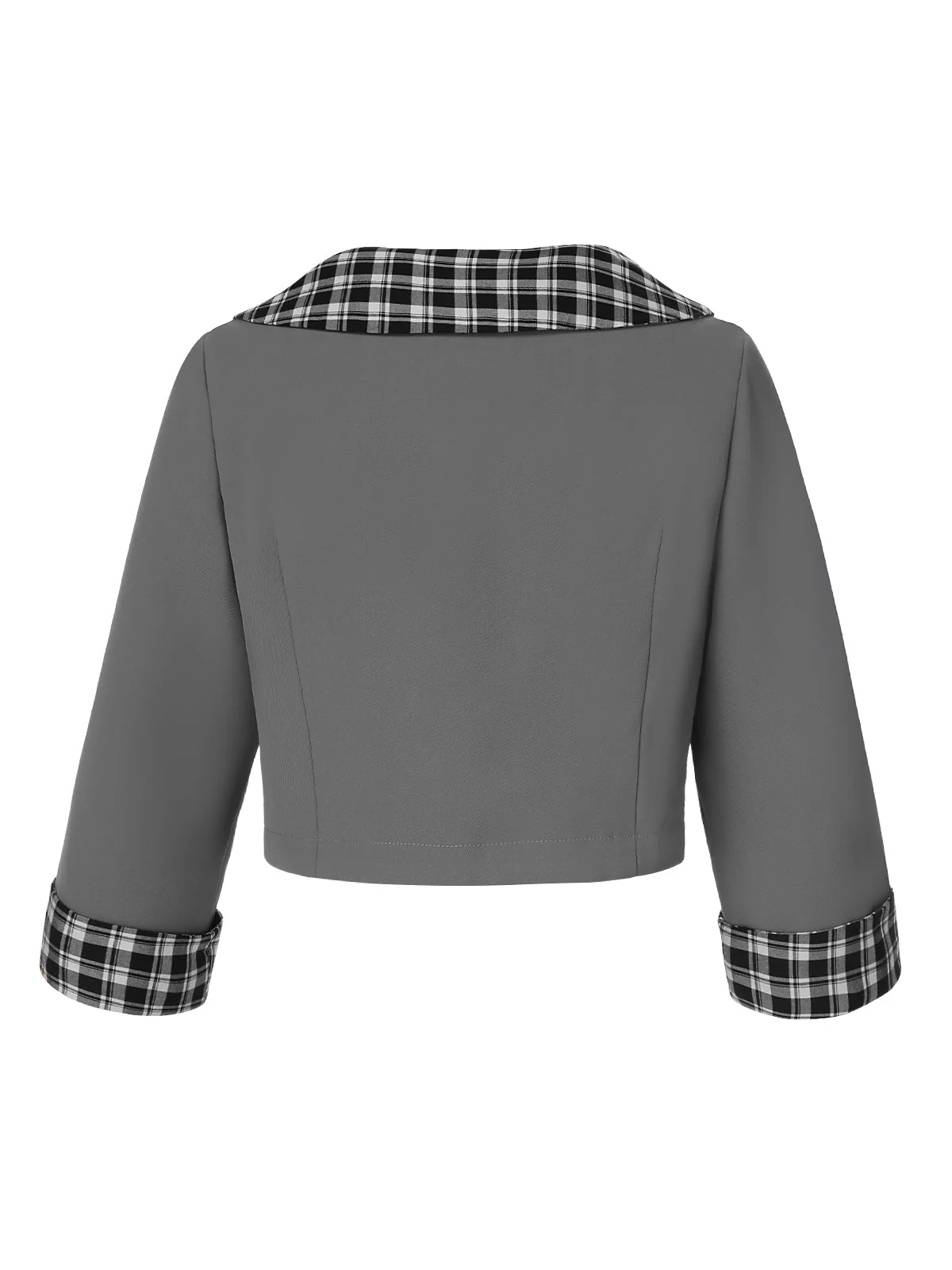 Dunkelgrau 1950er Revers Gerollte Ärmel Plaid Kurz Mantel - Image 4