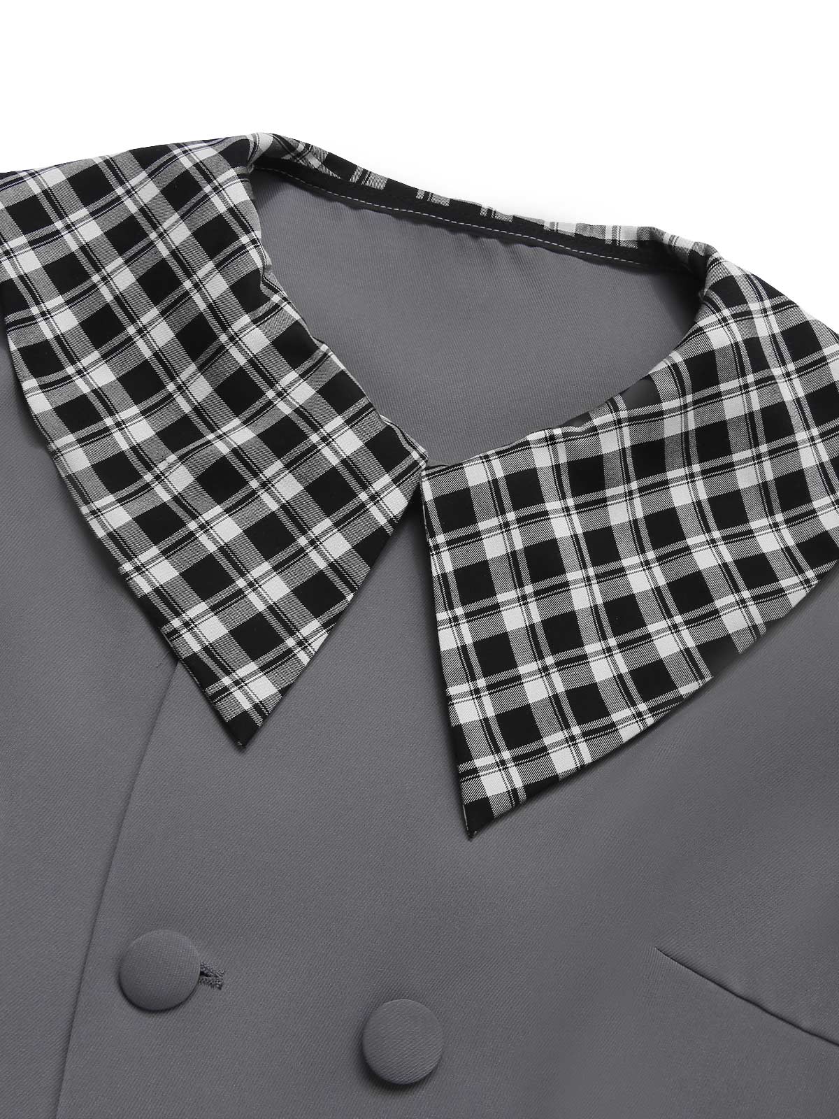 Dunkelgrau 1950er Revers Gerollte Ärmel Plaid Kurz Mantel - Image 5