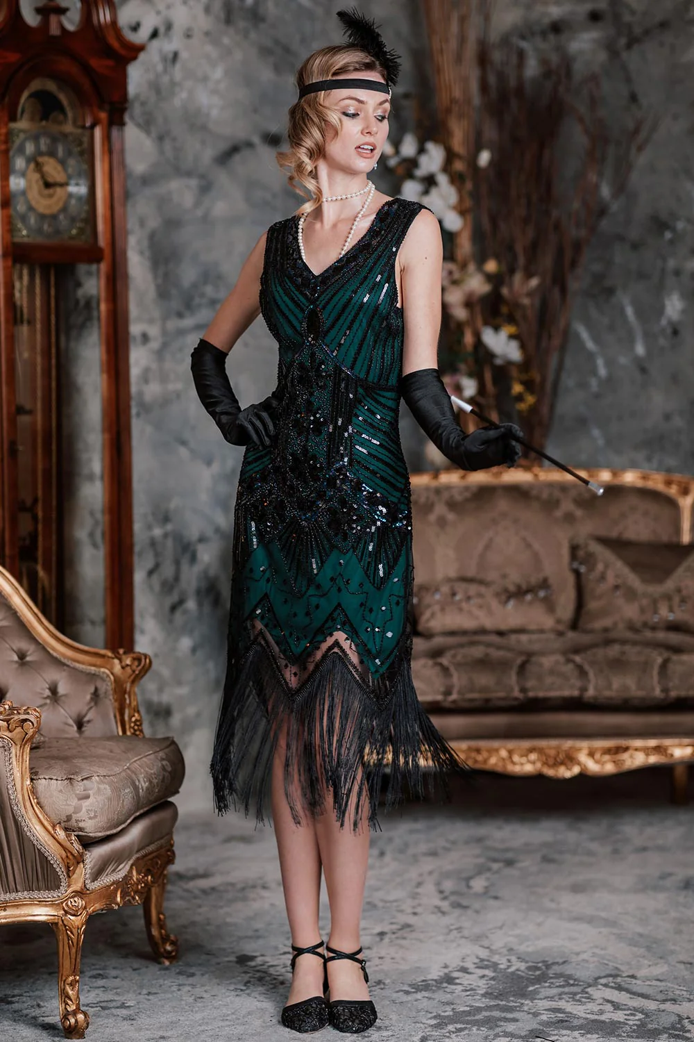 Dunkelgrün 1920er Pailletten Flapper Kleid & 5PCS Zubehör - Image 6