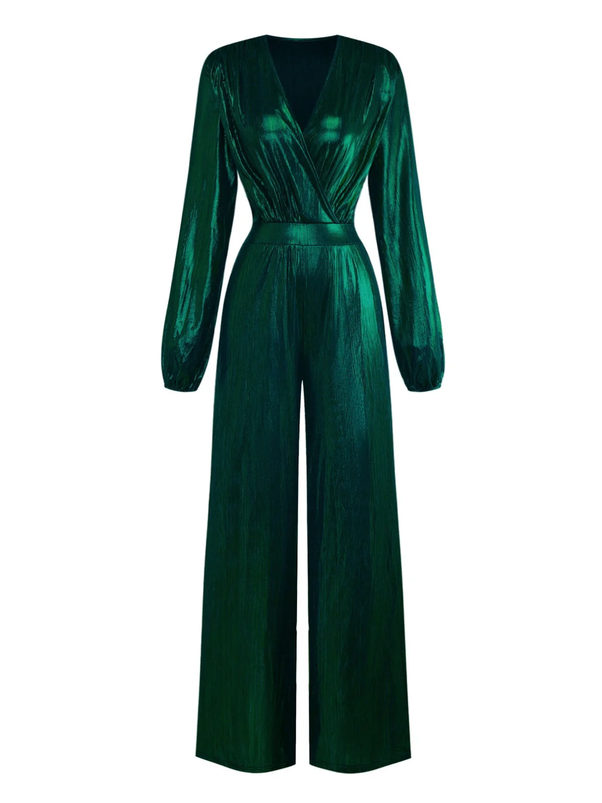 Dunkelgrün 1930er Metallisch V-Ausschnitt Laternenärmel Jumpsuit - Image 2