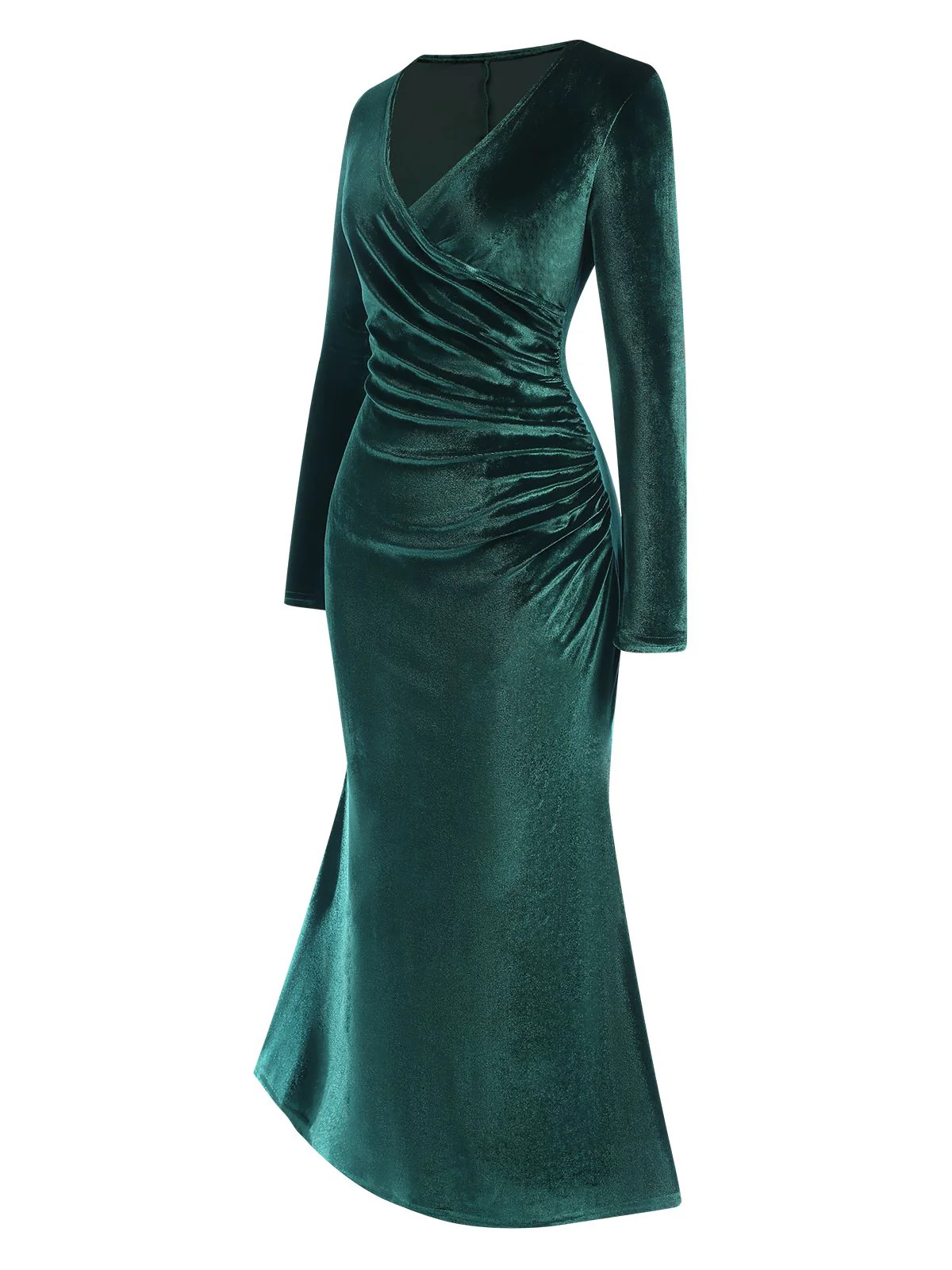 Dunkelgrün 1930er Samt Solide V-Ausschnitt Kleid - Image 3