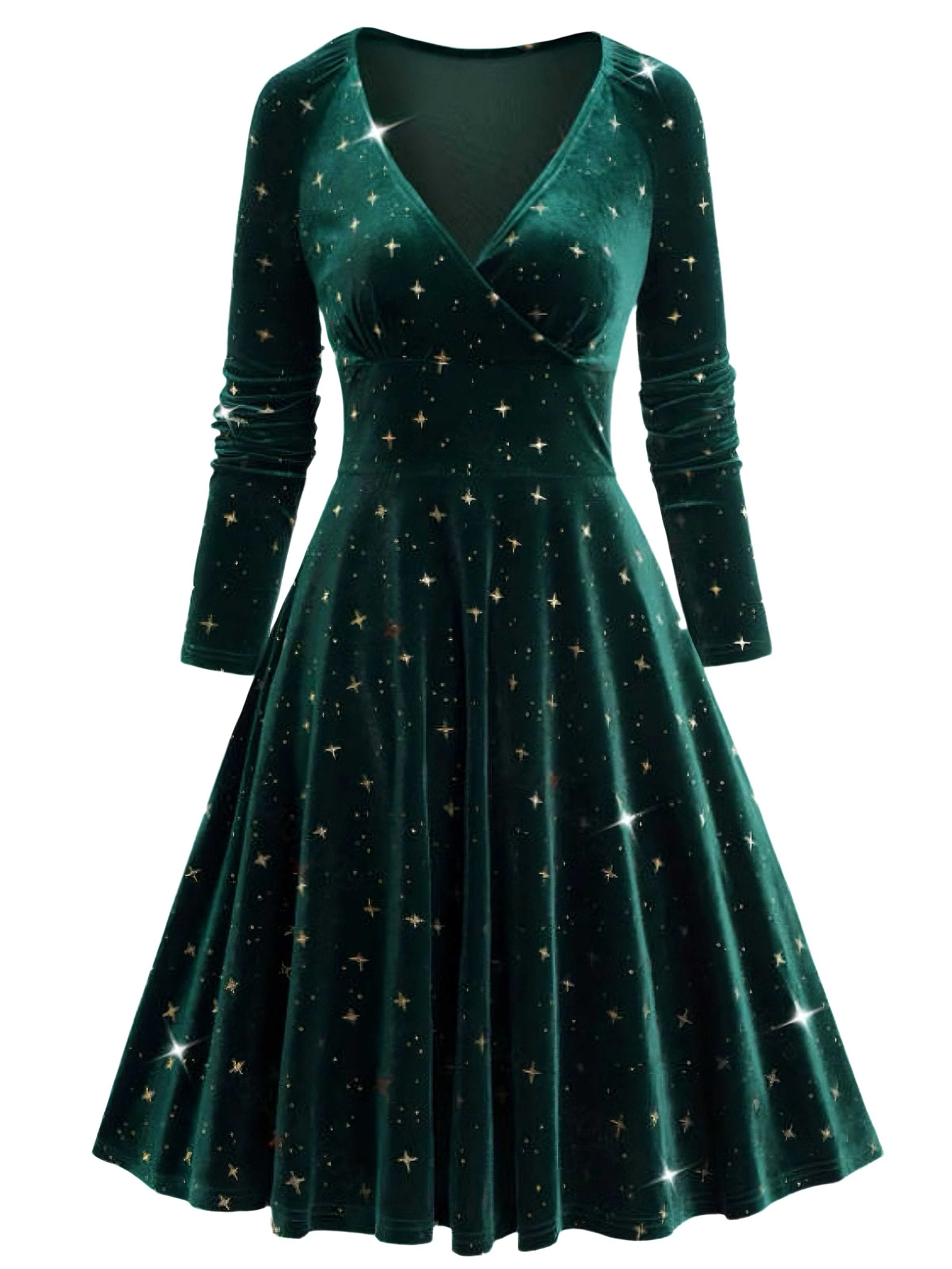 Dunkelgrün 1940er V-Ausschnitt Stern Samt Kleid - Image 2