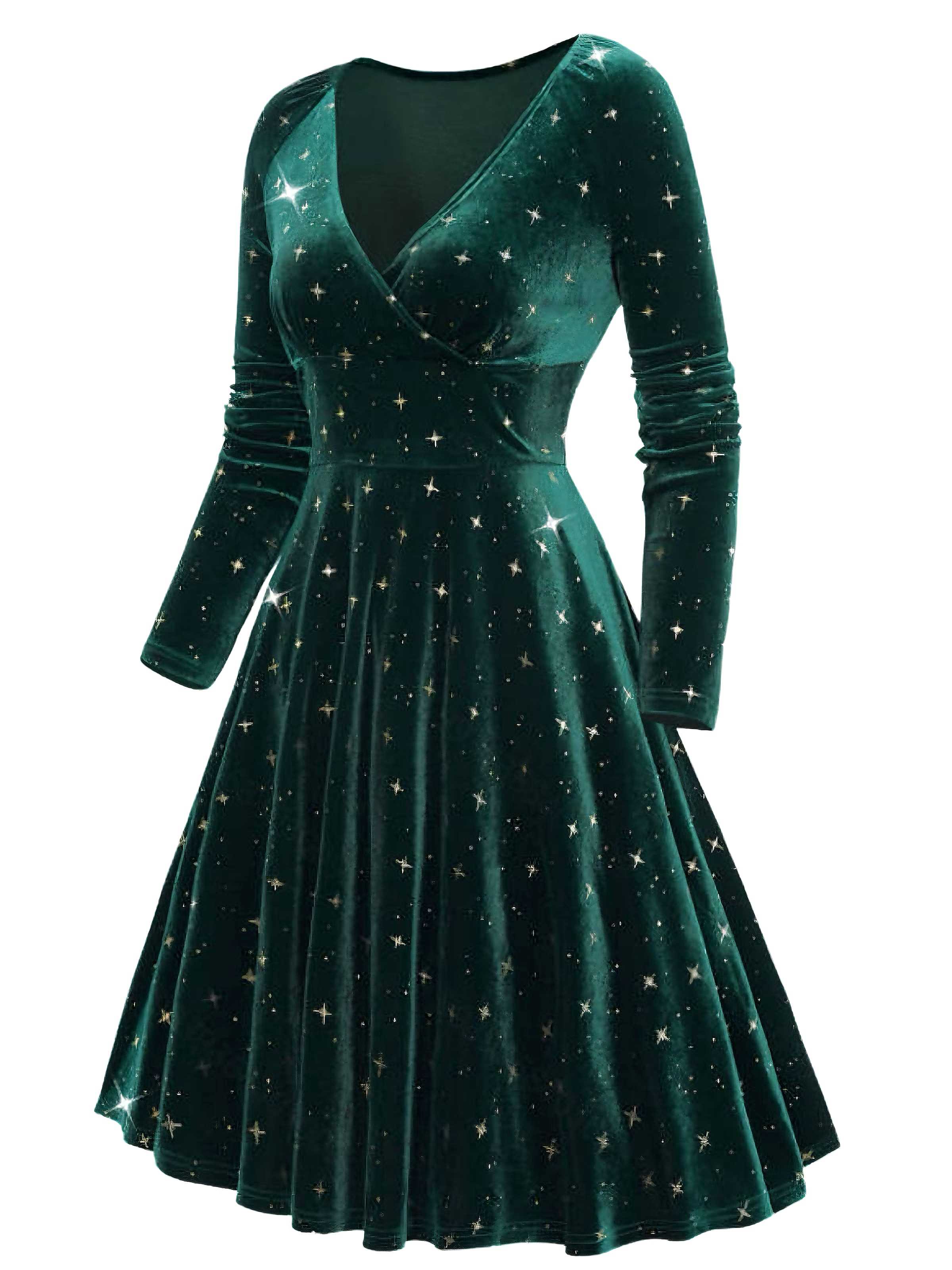 Dunkelgrün 1940er V-Ausschnitt Stern Samt Kleid - Image 3