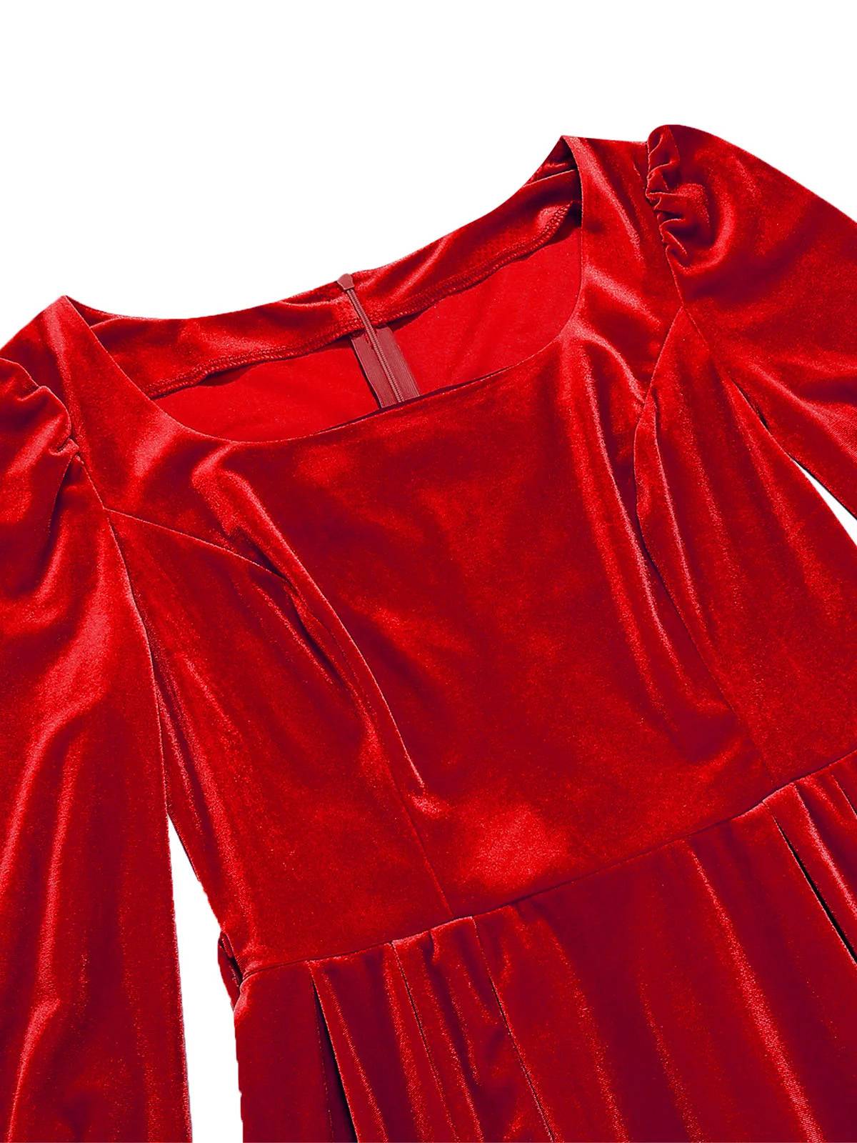1950er Weihnachten Samt Quadratischer Hals Langarm Kleid - Image 4