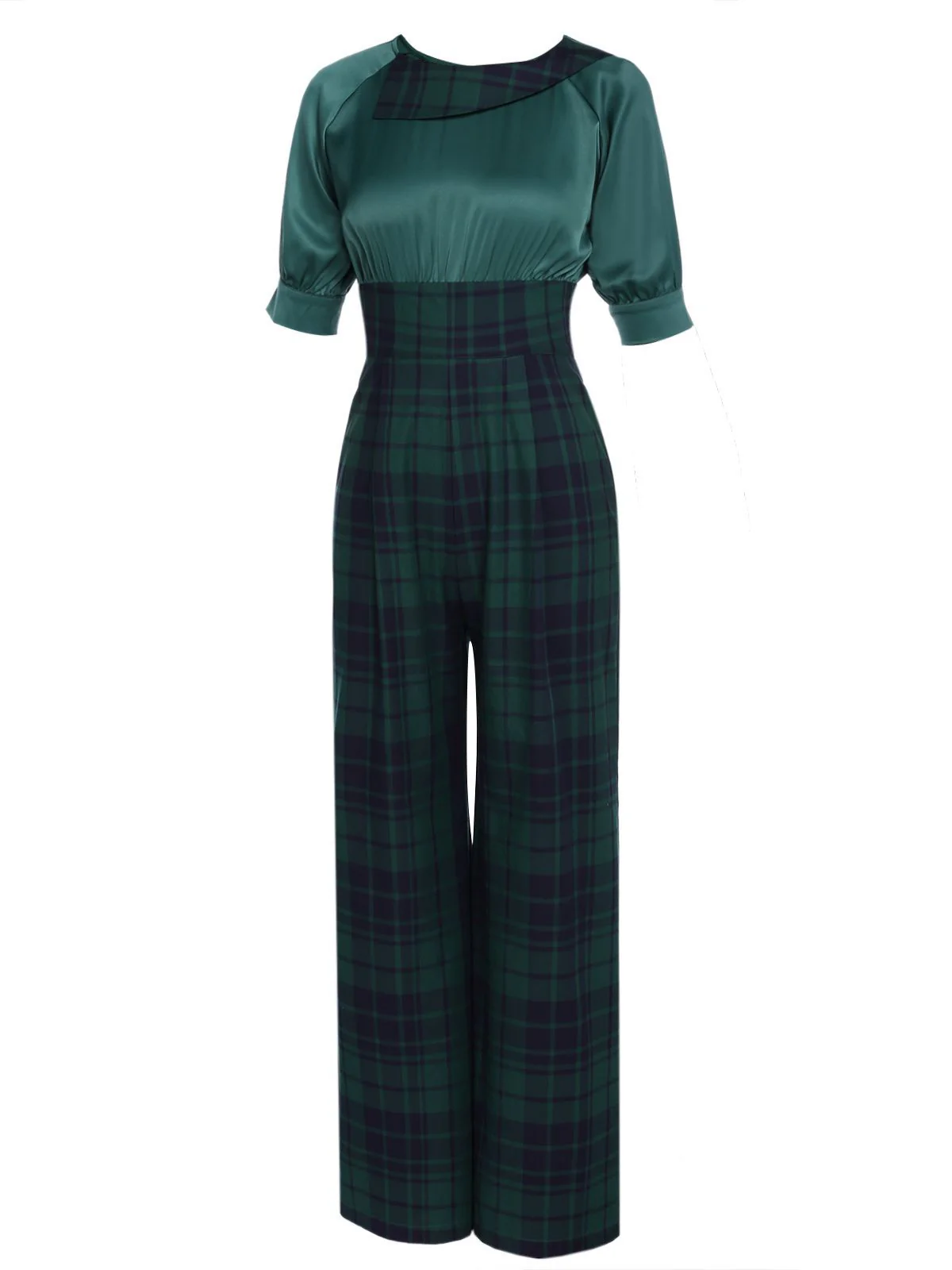 Grün 1930er Karo Patchwork Puff Jumpsuit - Image 2