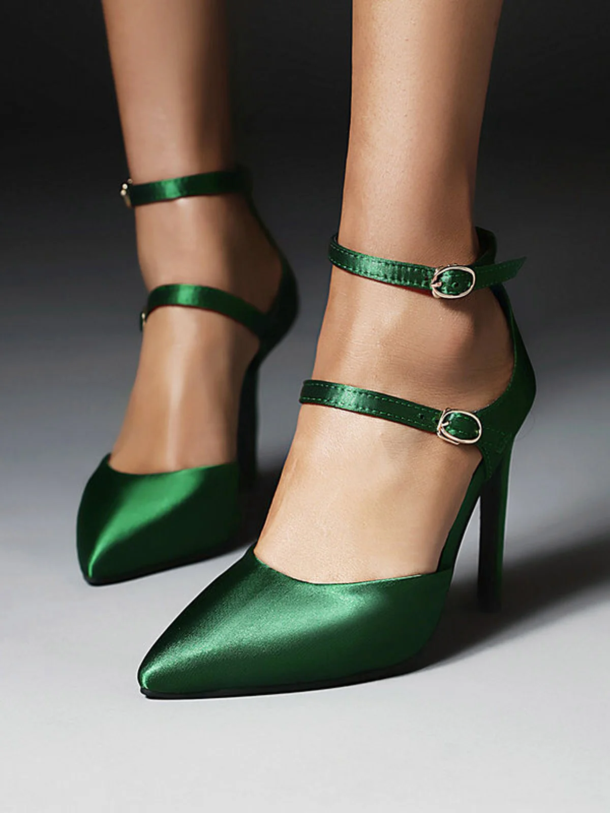 Dunkelgrün Satin Doppelschnalle Gürtel Hoher Absatz Schuhe - Image 2